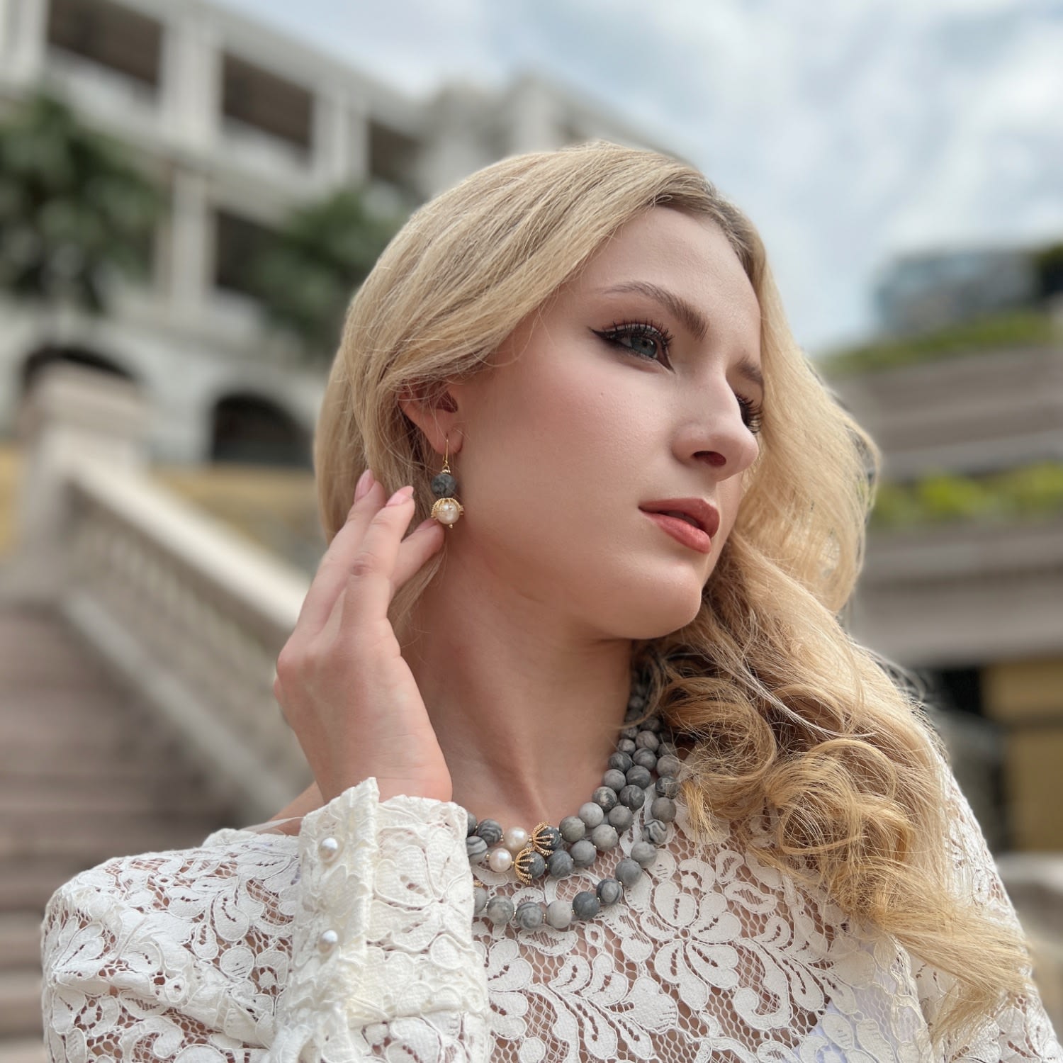 Gray Agate With Freshwater Pearls Dangle Earrings