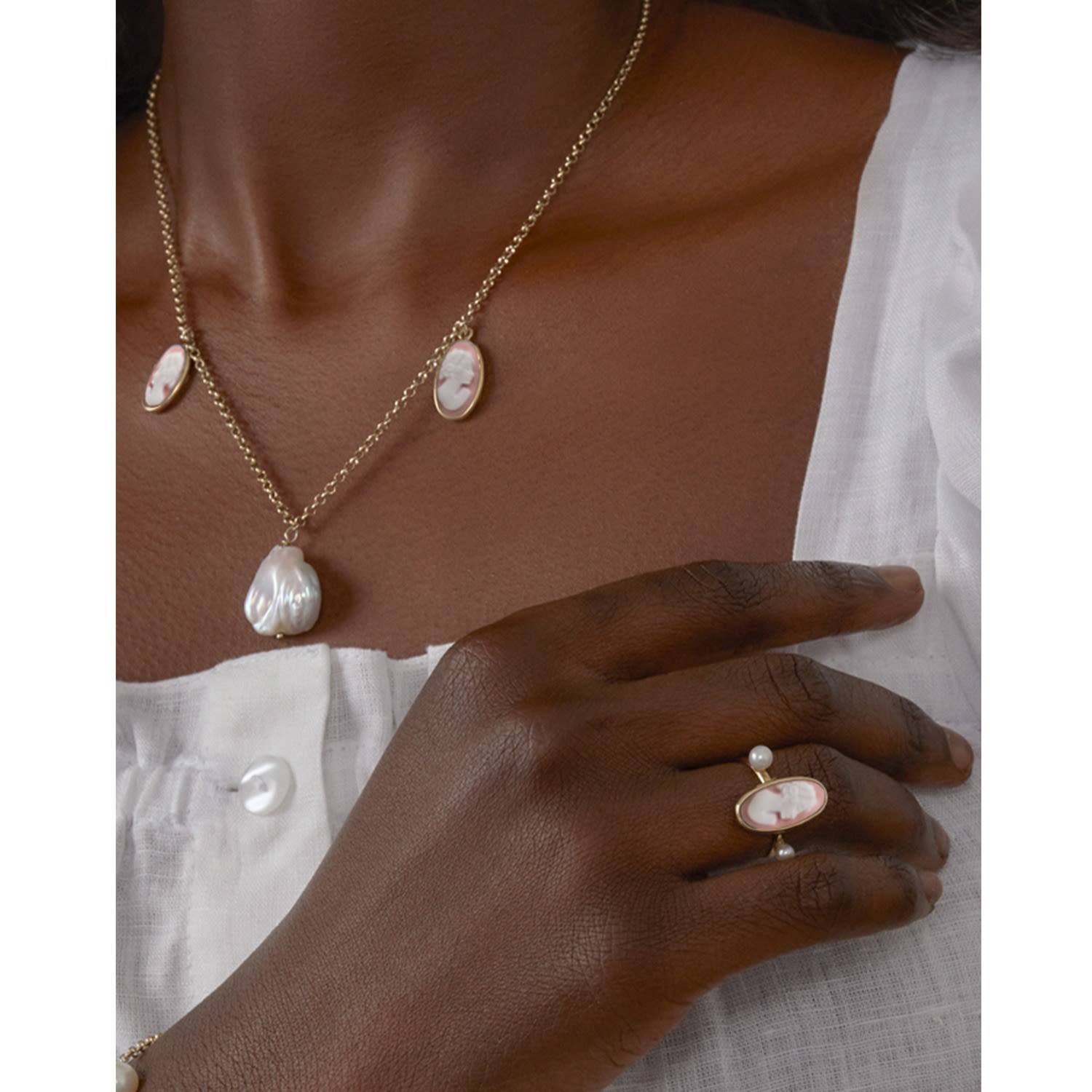 Medea Gold-Plated Pink Cameo And Pearl Necklace