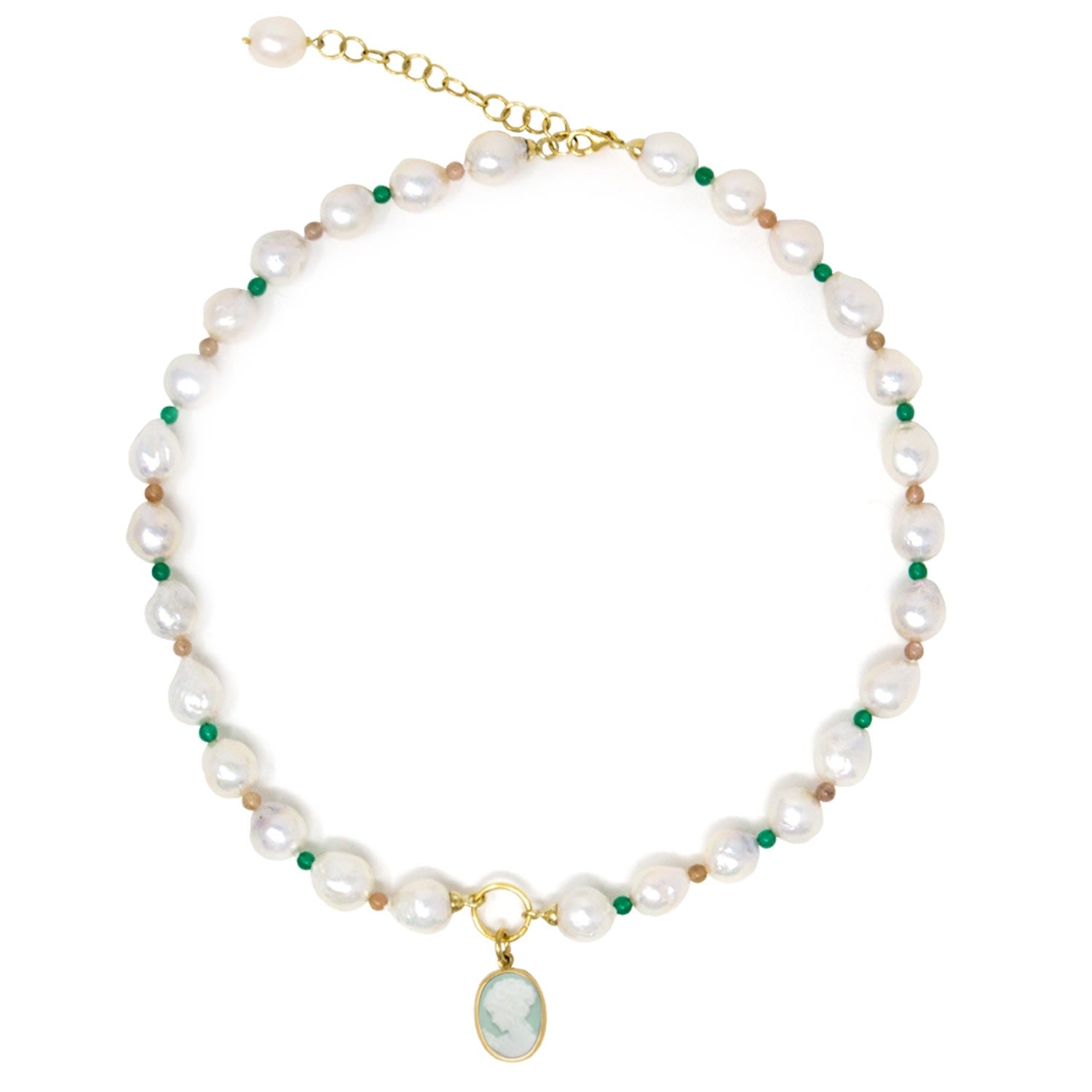 Little Lovelies Gold-Plated Pearl & Bead Green Cameo Necklace