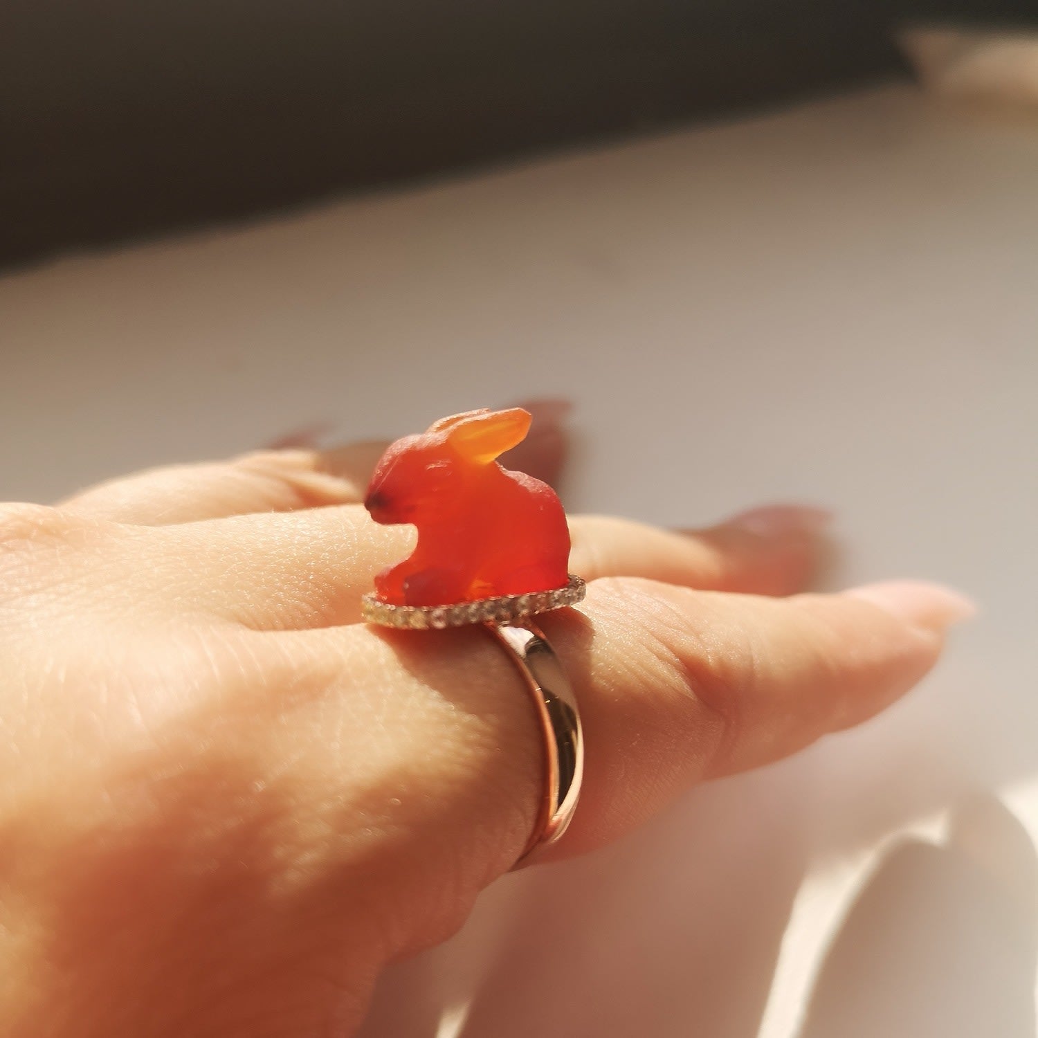 Handmade Engraved Rabbit Red Agate Ring