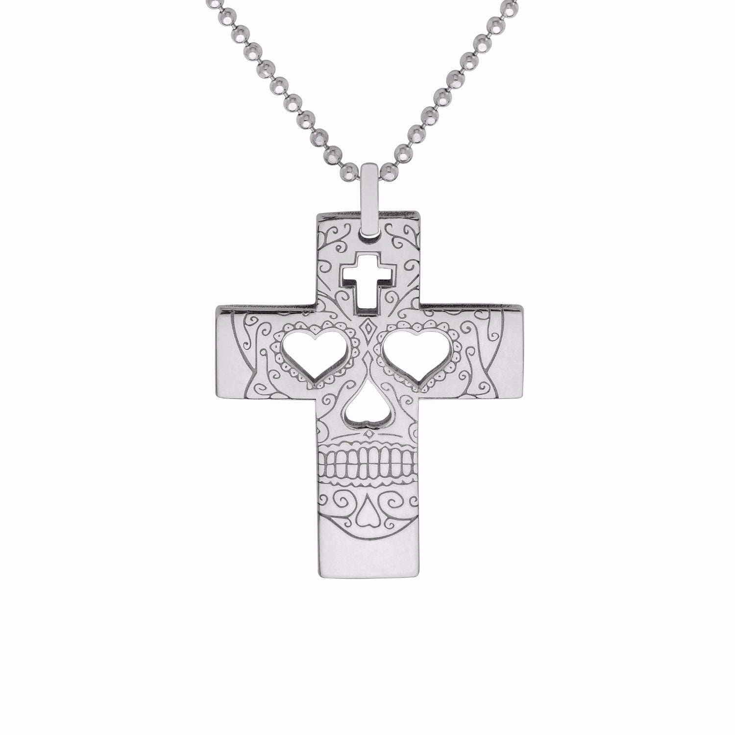 Small Silver Sugar Skull Cross Pendant Necklace
