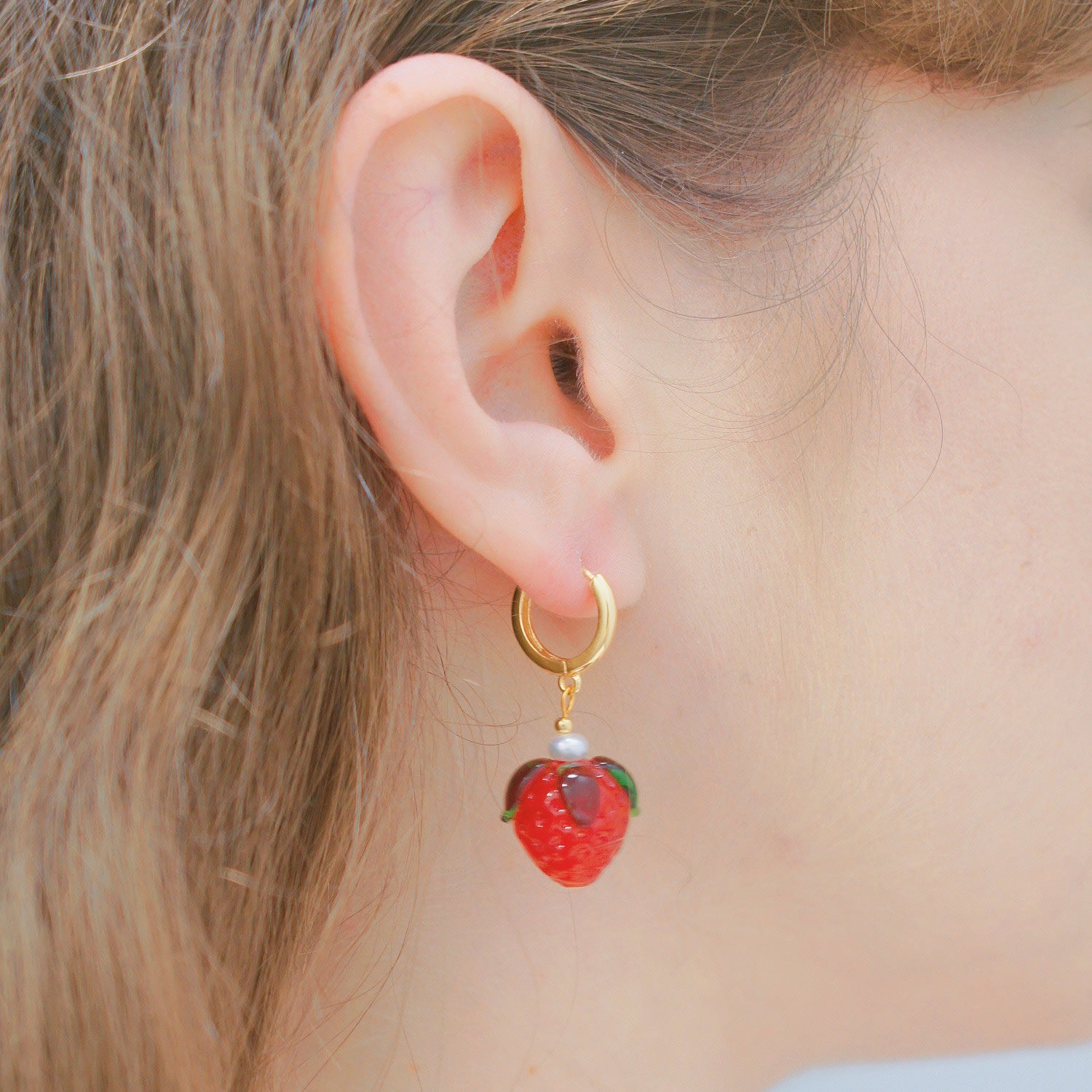 Strawberry Huggie Hoop & Leaf Stud Mismatched Earrings