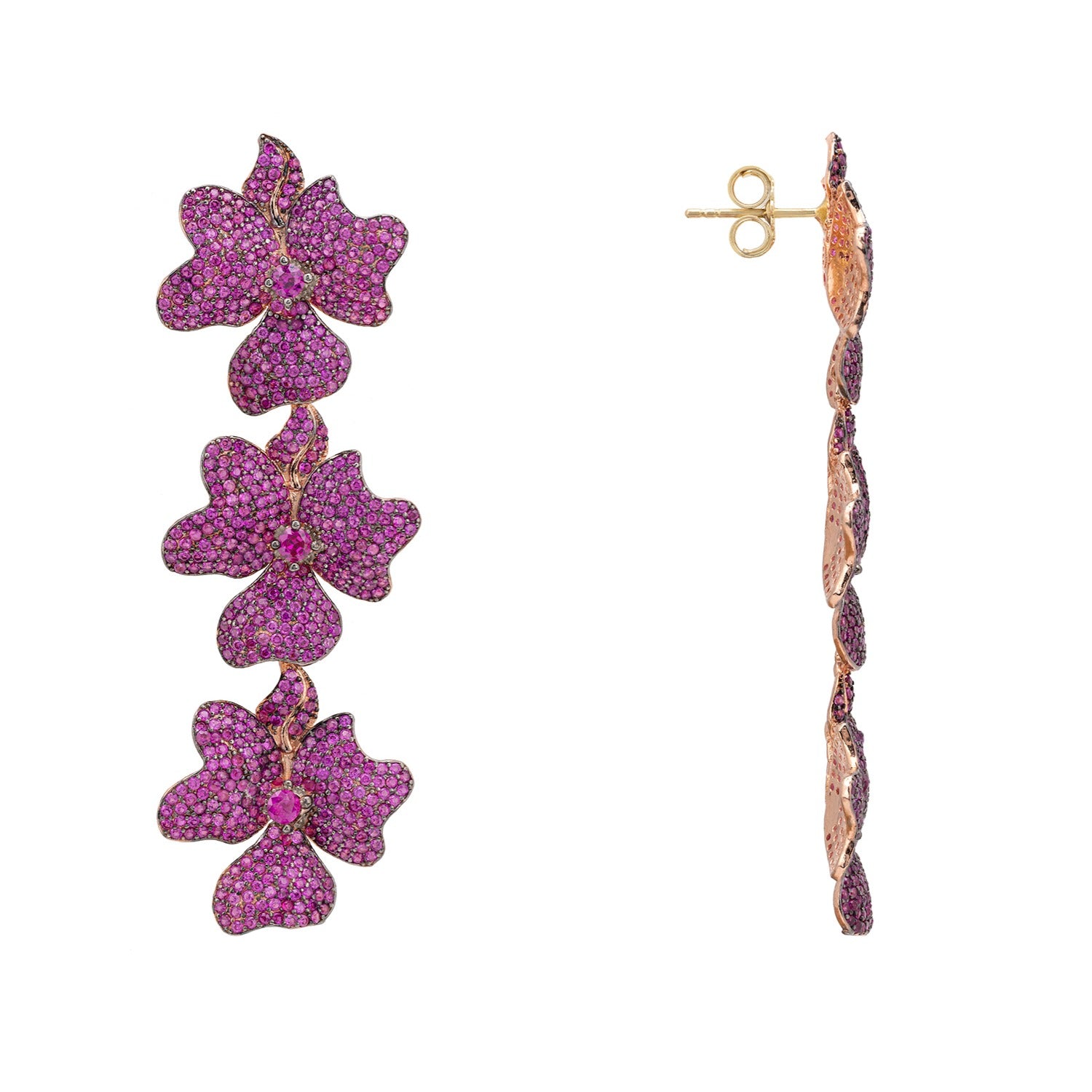 Jasmine Flower Triple Drop Earrings Rosegold Ruby