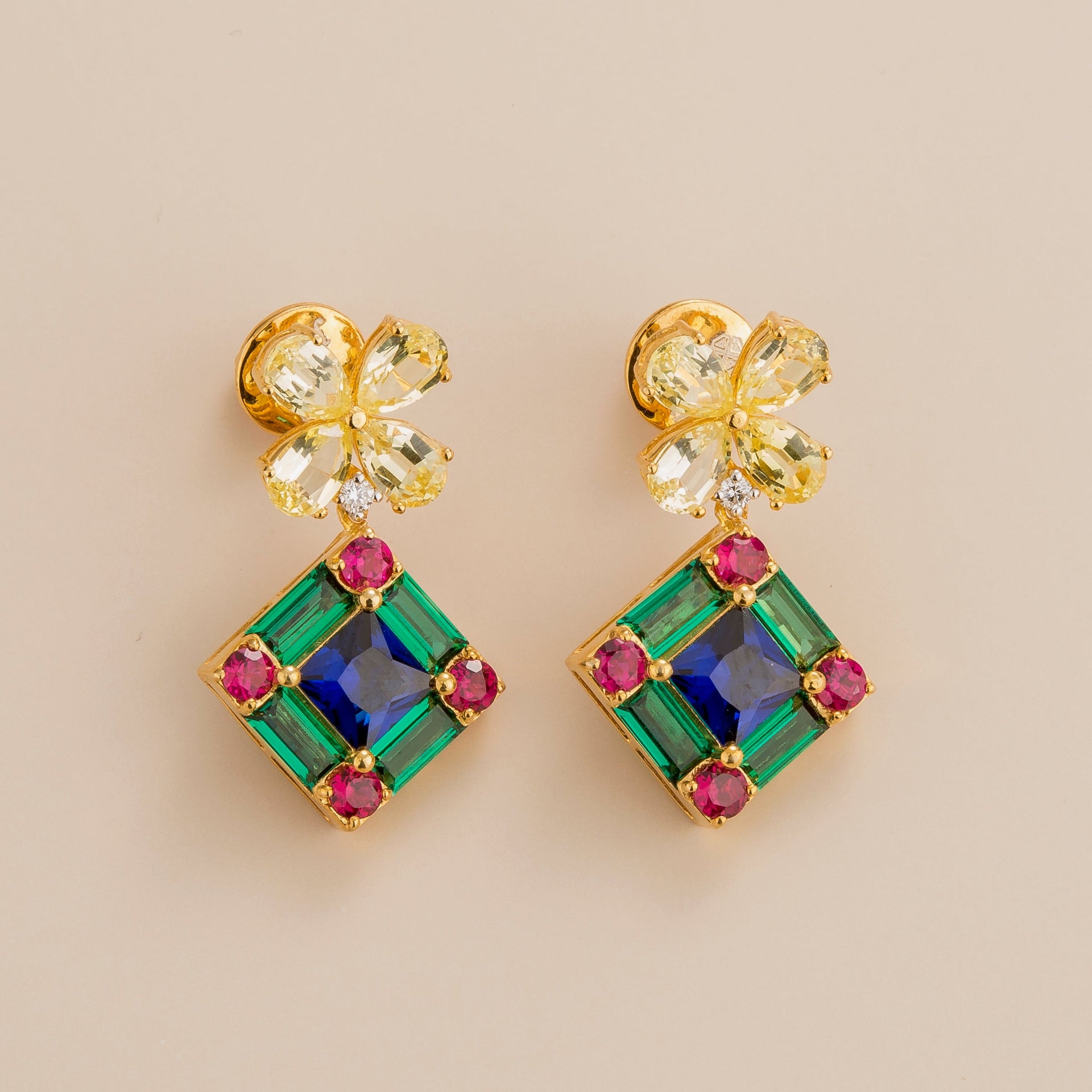 Medina Earrings Yellow Sapphire, Royal Blue Sapphire, Ruby, Emerald & Diamond