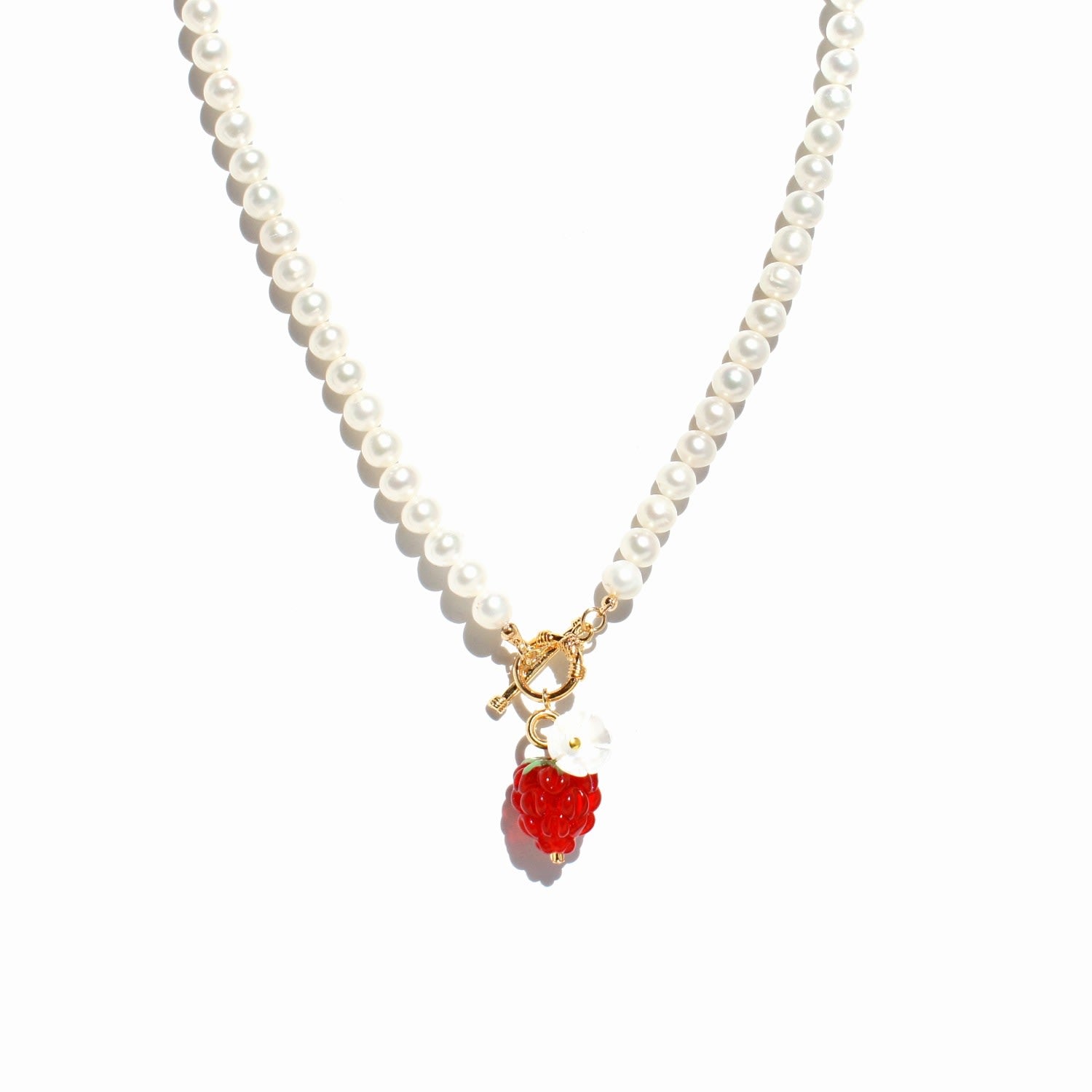 Very Berry Pearl Necklace With Glass Rasbperry Pendant And Mother Of Pearl Flower