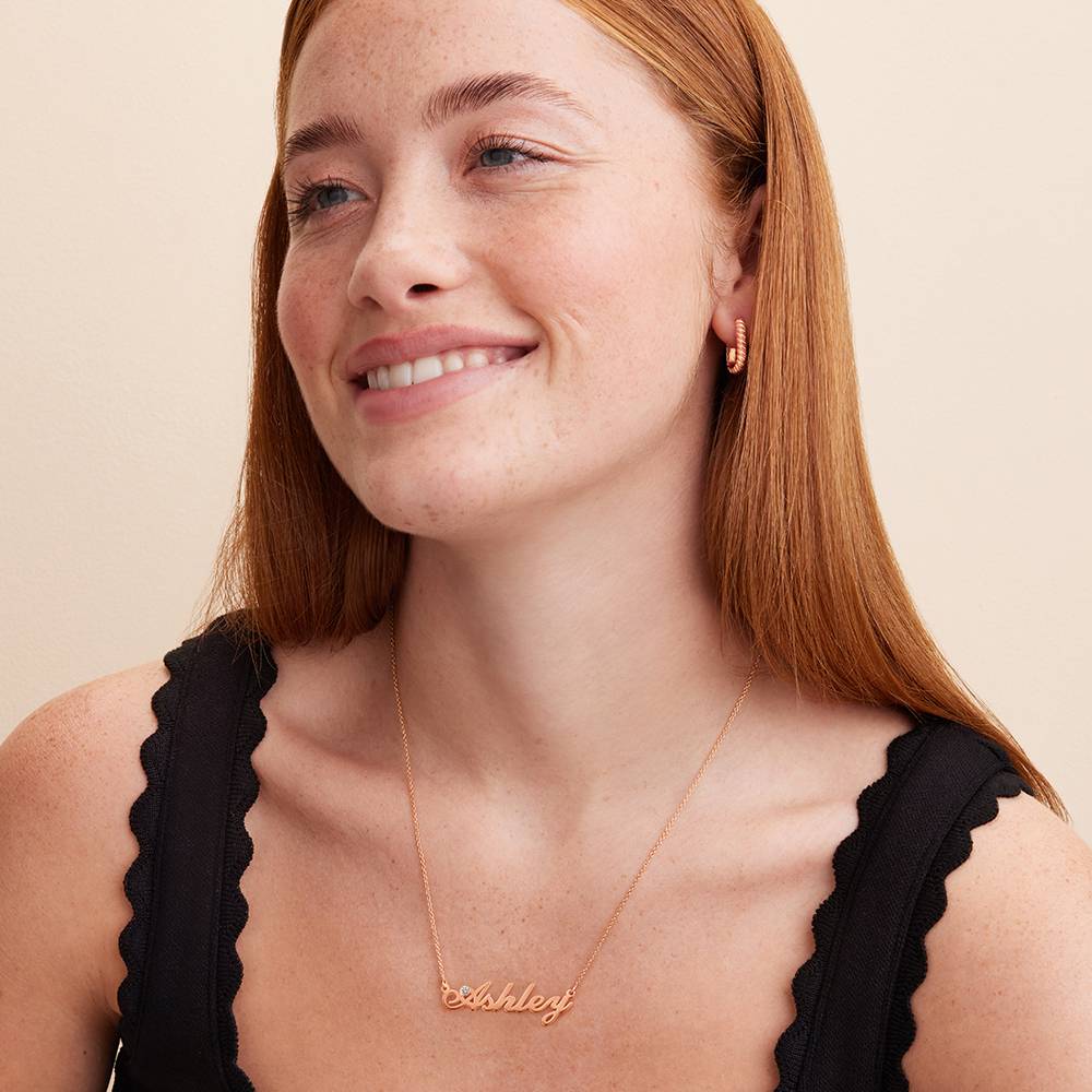 Custom Name Necklace - Hollywood Small Name Necklace in 18k Rose Gold Plating with 5 Points Carats Diamond - Unique Name Necklace Design
