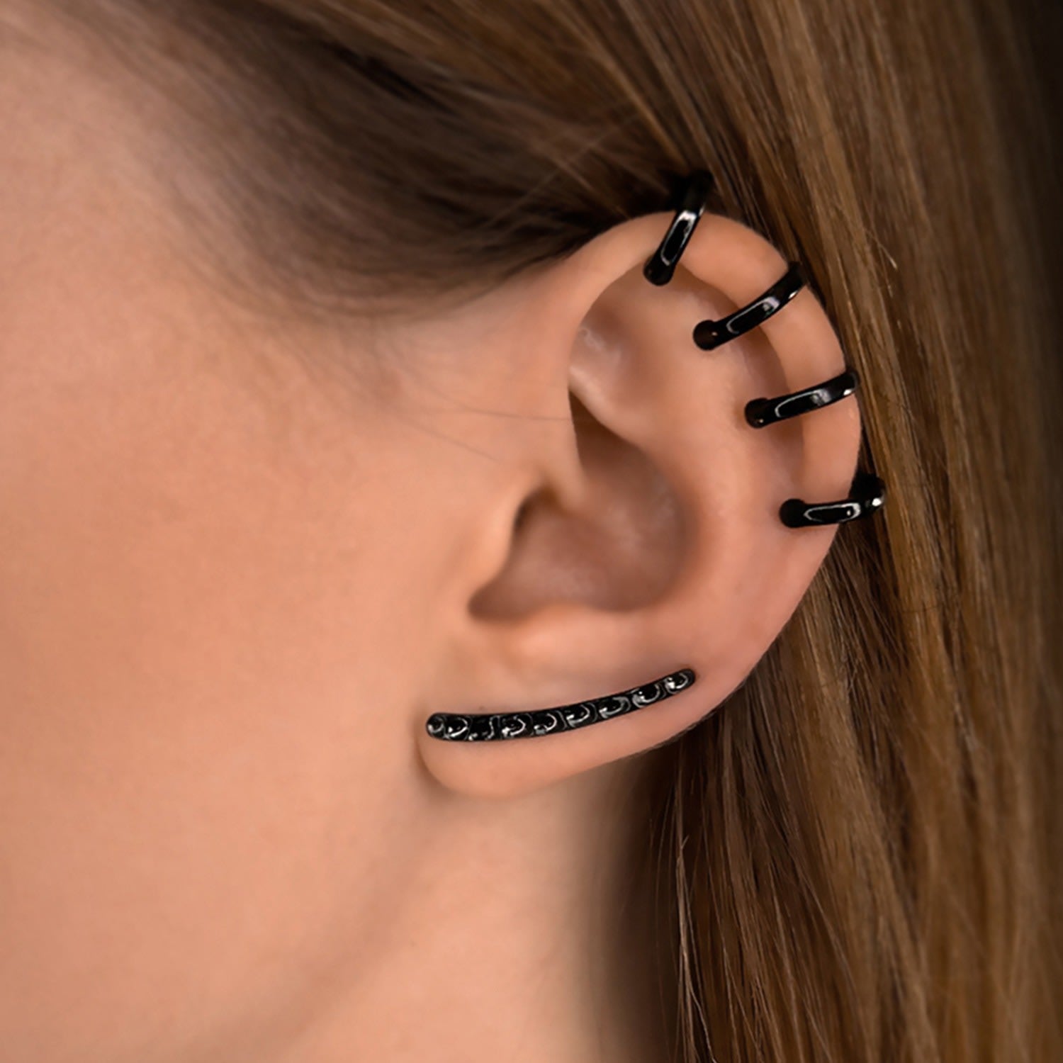 Honeycomb Ear Climber In Premium Black Rhodium