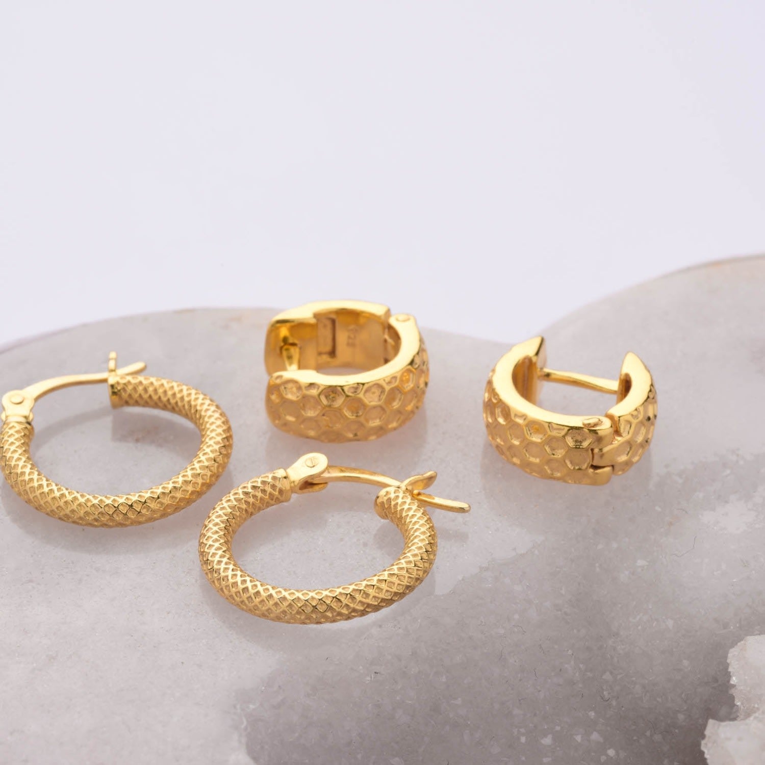 Honeycomb Huggie Earrings Gold Plated Sterling Silver