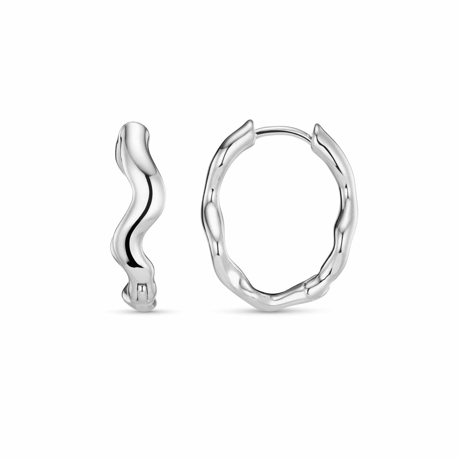 Organic Wave Oval Hoop Earrings - Silver