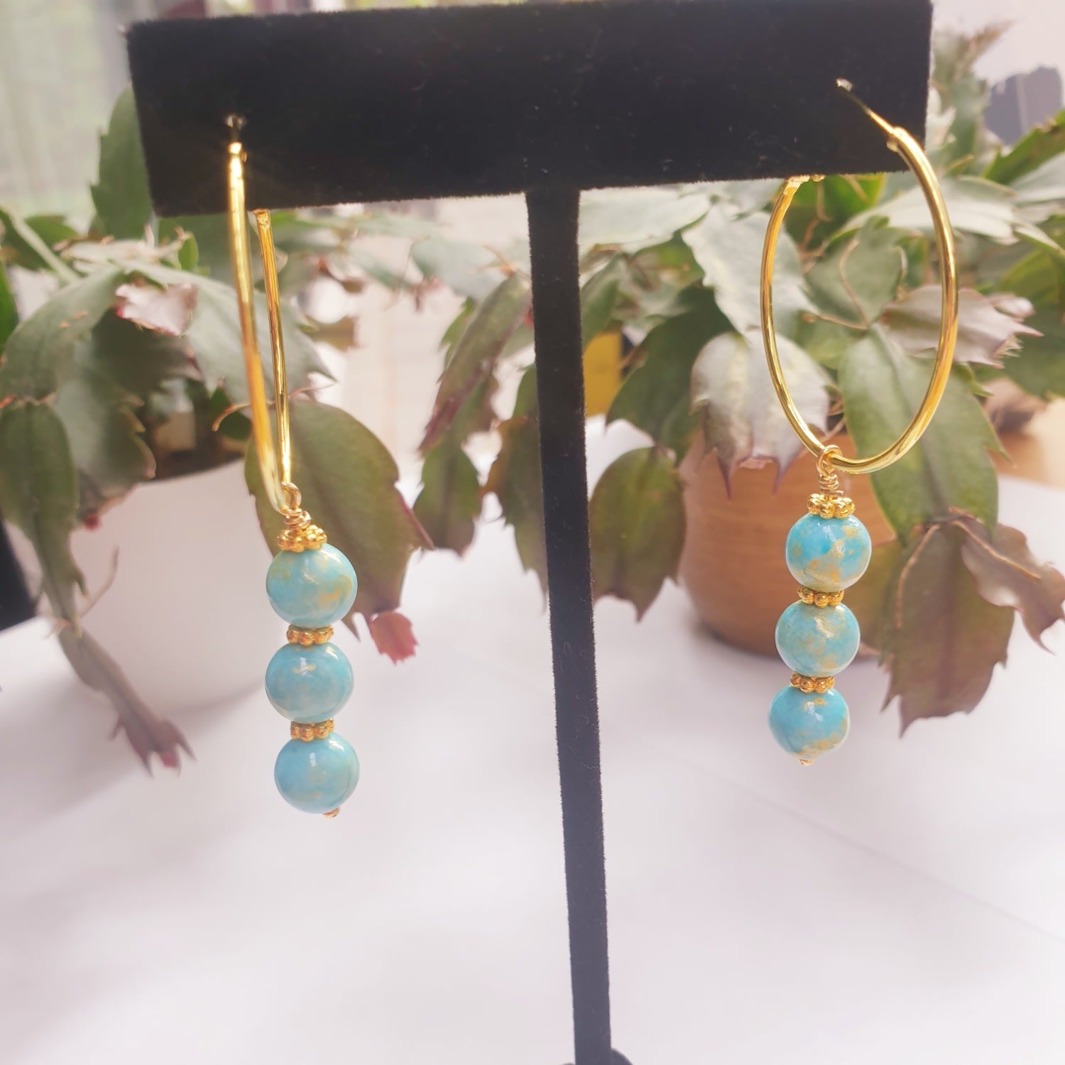 Turquoise Jade On Hoop Earrings