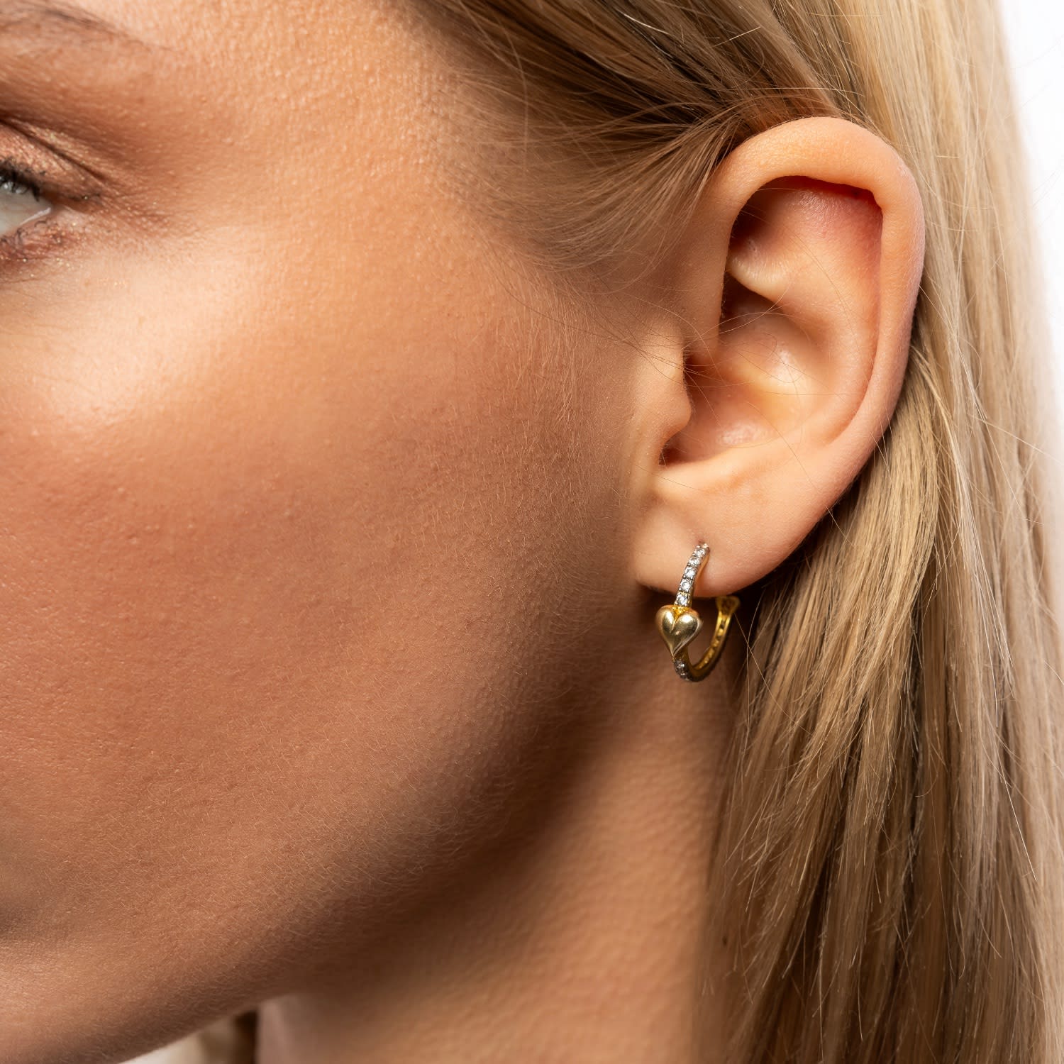 Hoop Heart Diamond Style Pave Sterling Silver Earring - Gold