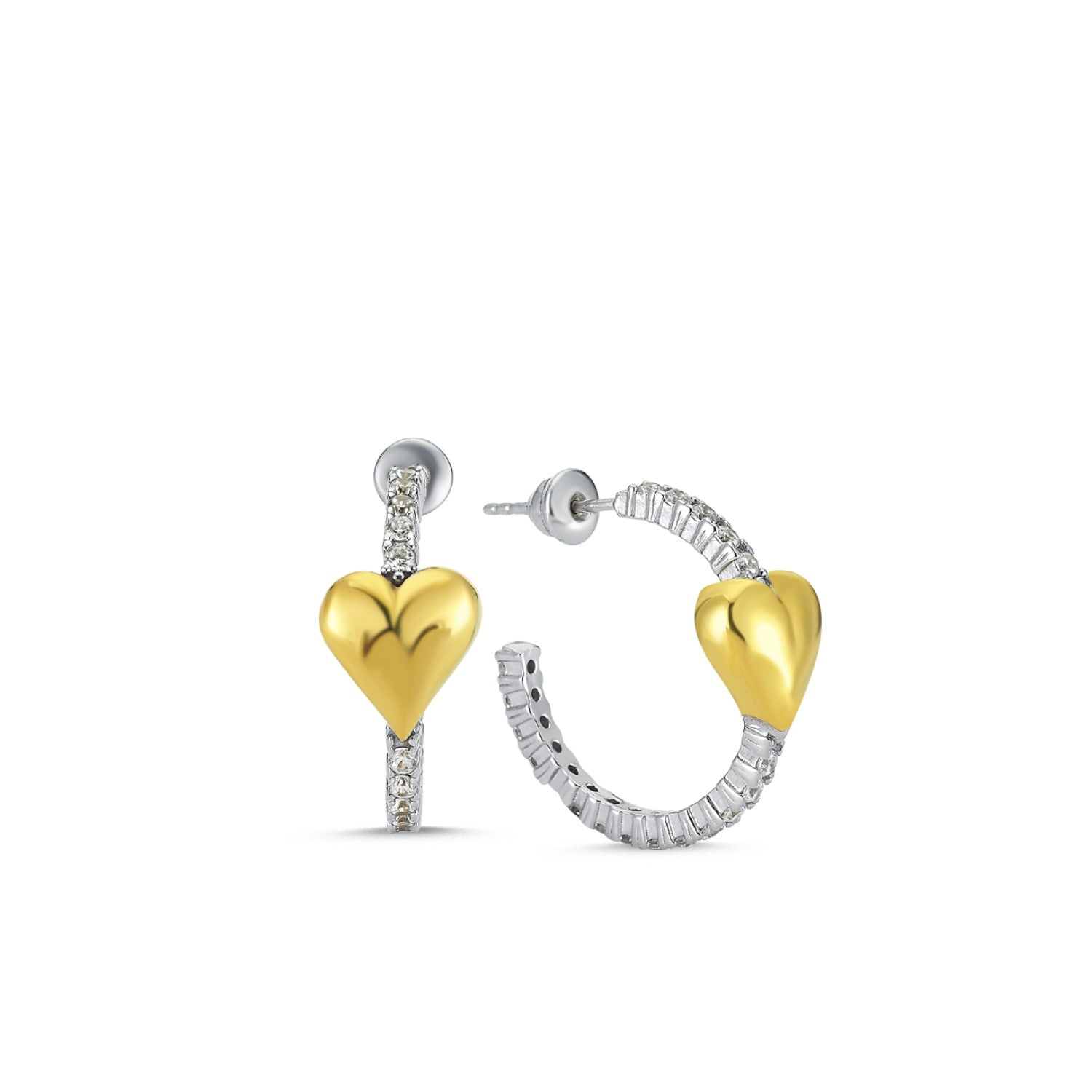 Hoop Heart Diamond Style Pave Sterling Silver Earring - Gold & Silver