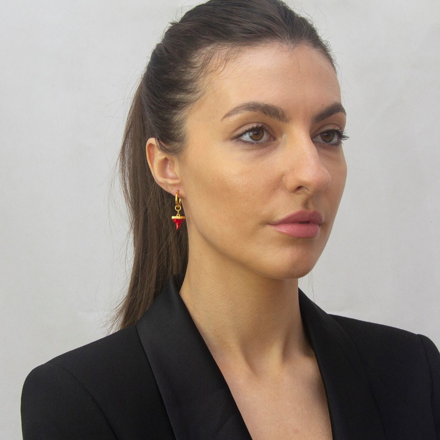 18Kt Gold Plated & Red Mini Sharks Tooth Charm On Gold Hoop Earring