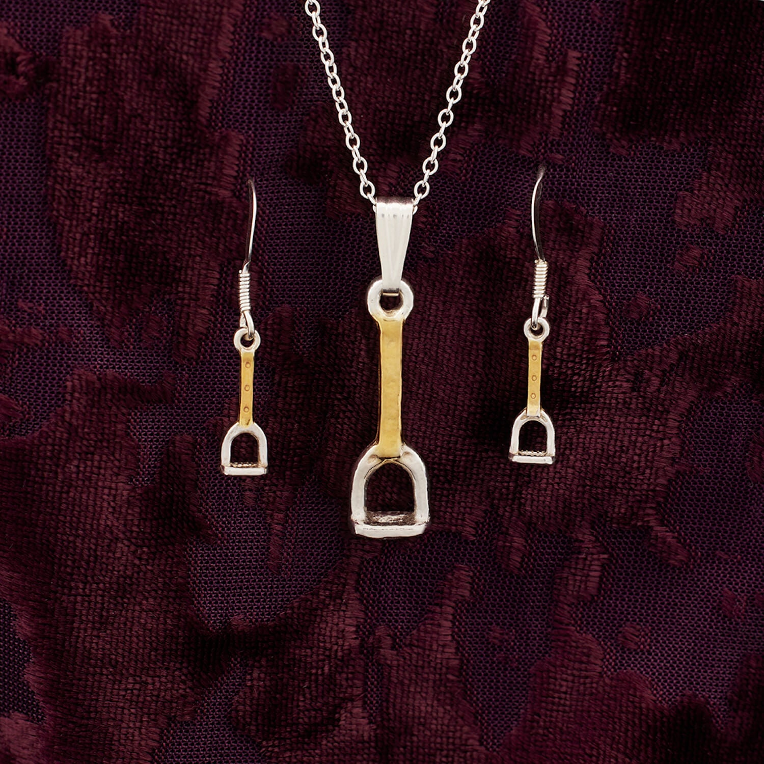 Horse Stirrup Set Of Necklace And Earrings Eighteen Carat Gold On Silver