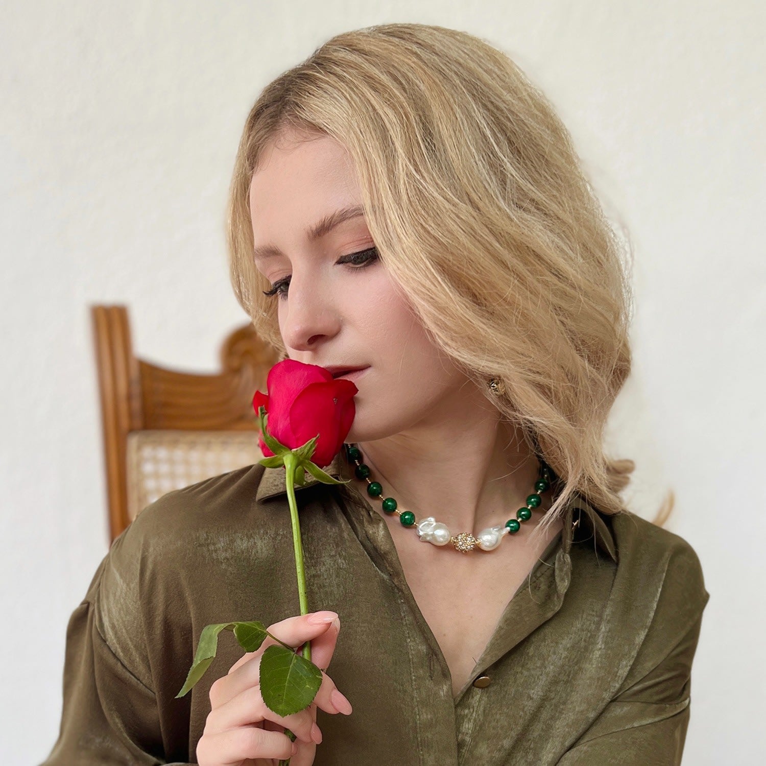 Malachite Stones With Baroques Pearls Sophisticated Necklace