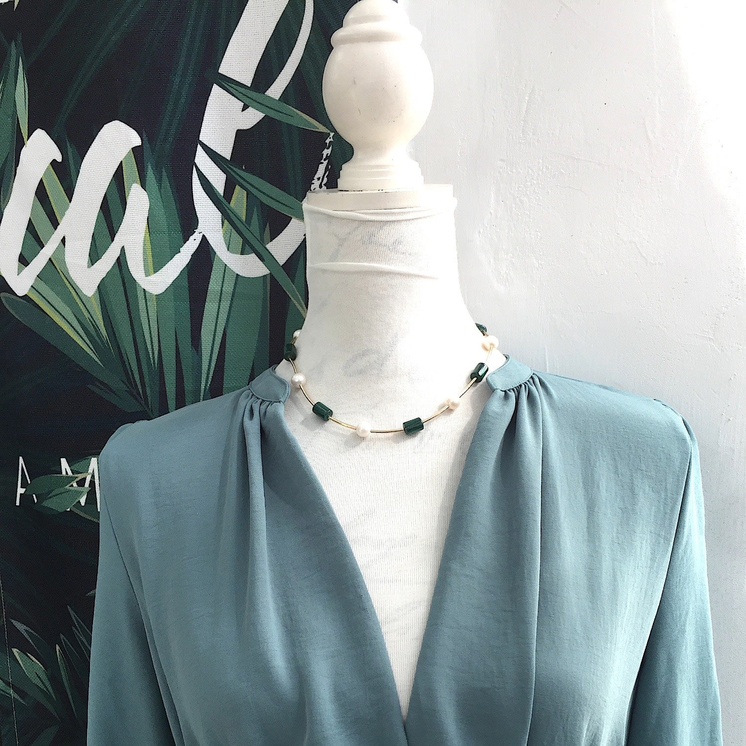 Malachite & Round Freshwater Pearl Simple Necklace