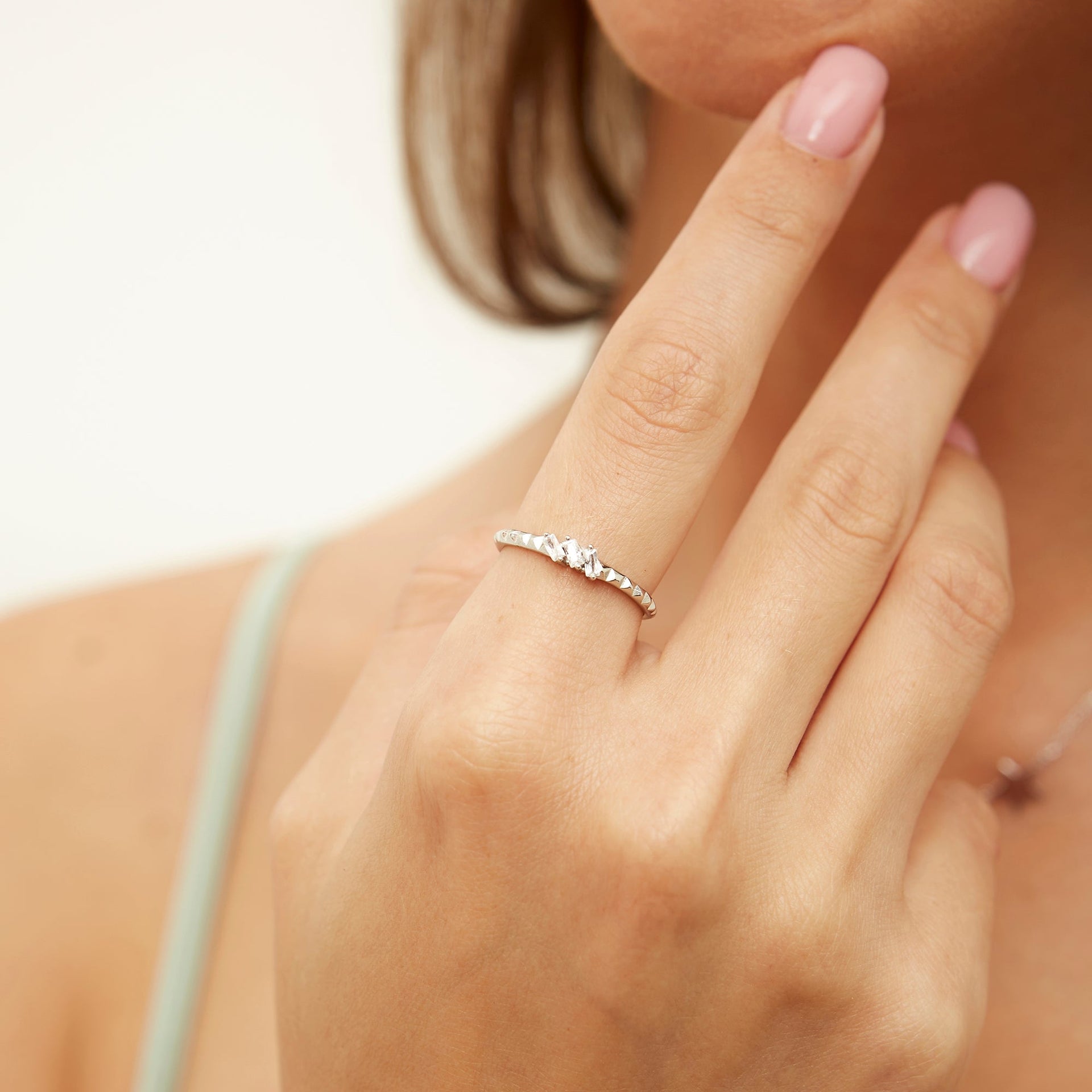 Three Parallel Baguette Gemstone Sterling Silver Ring - Silver