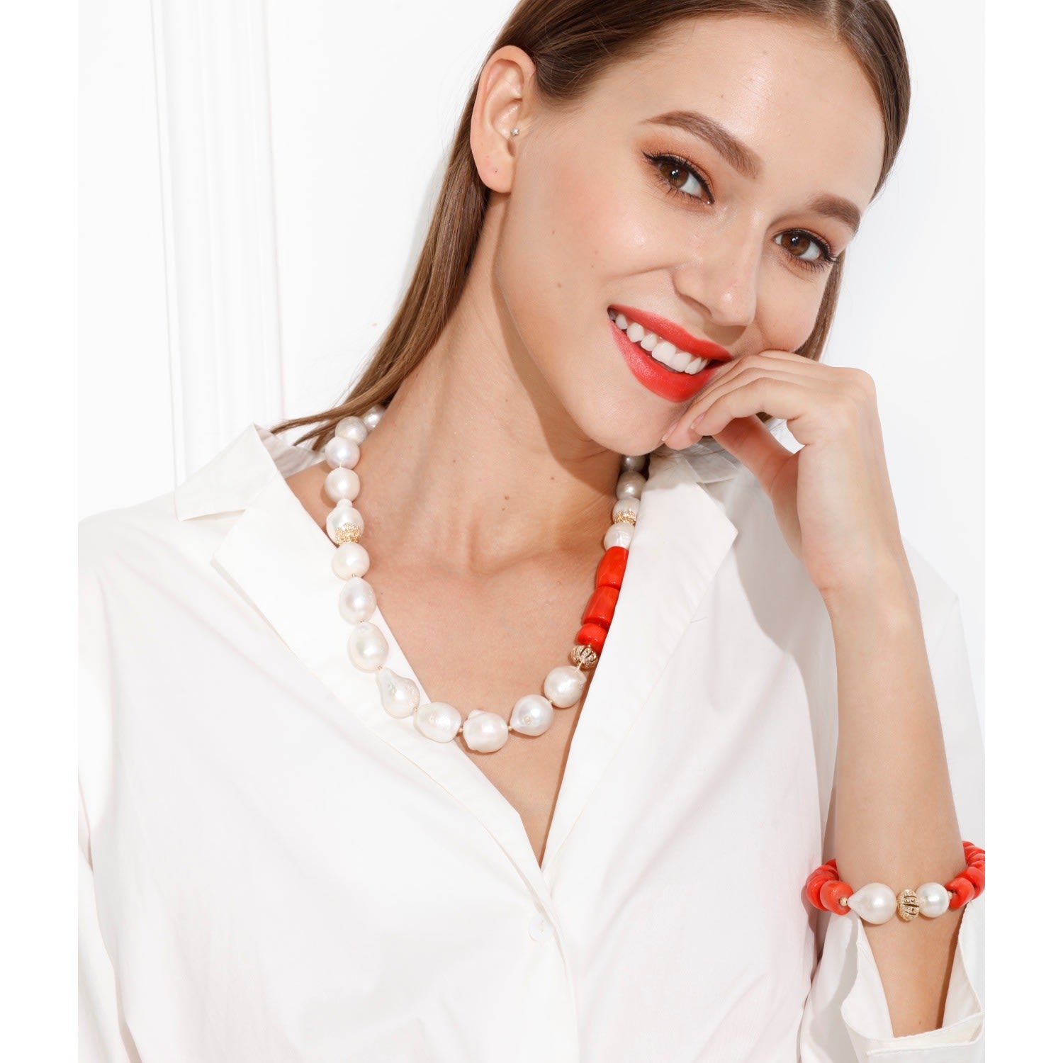 Nugget Baroque Freshwater Pearls With Red Coral Choker