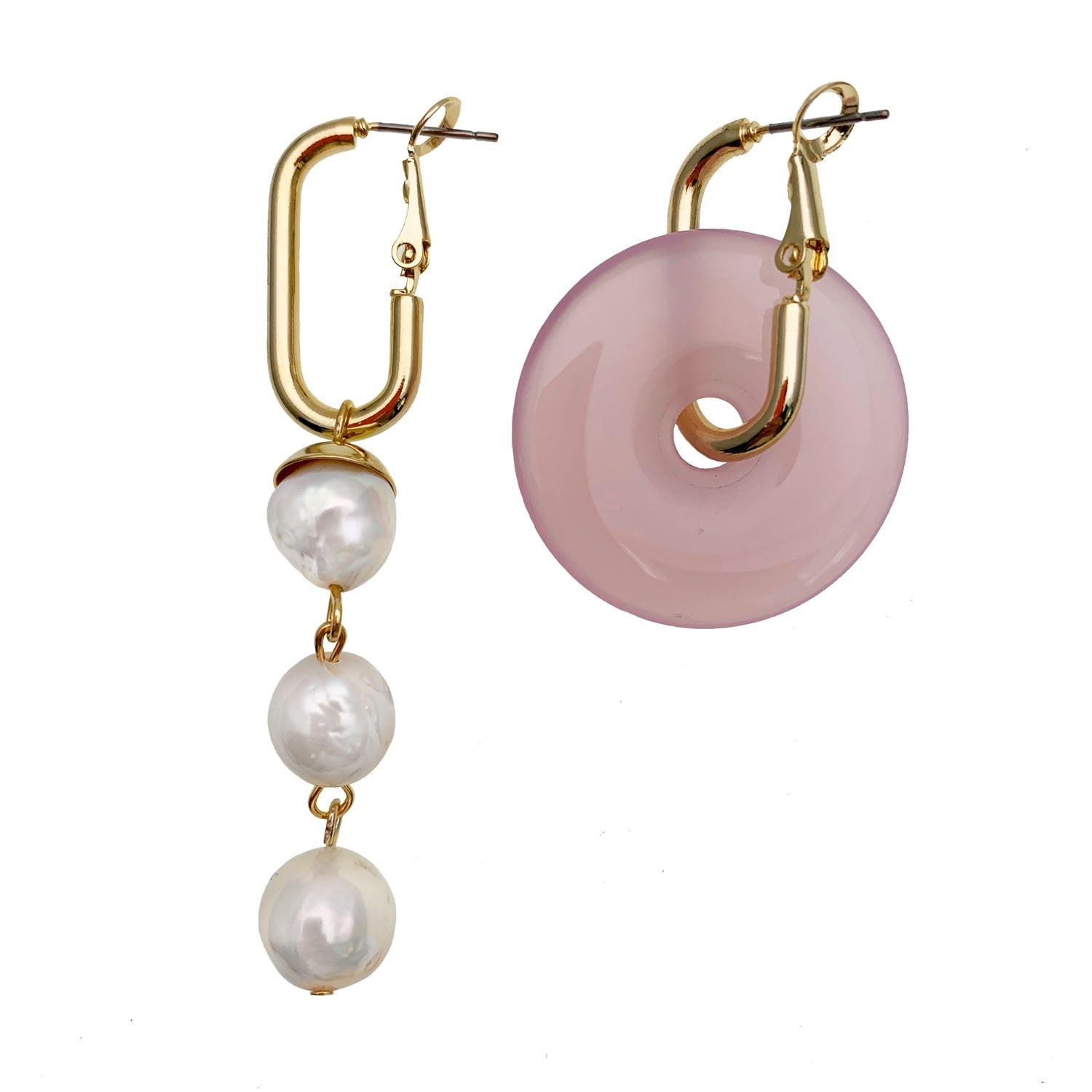 Round Rose Quartz With Freshwater Pearls Asymmetrical Clip On Earrings