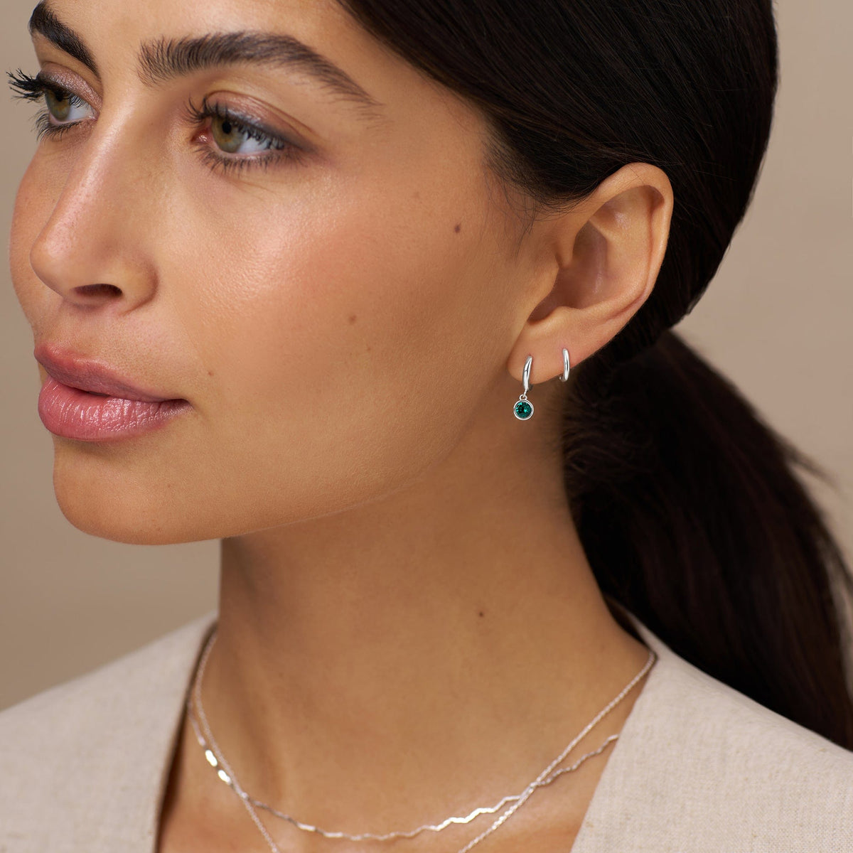 Emerald Drop Huggie Hoop Earrings Made With Swarovski® Crystals - Silver