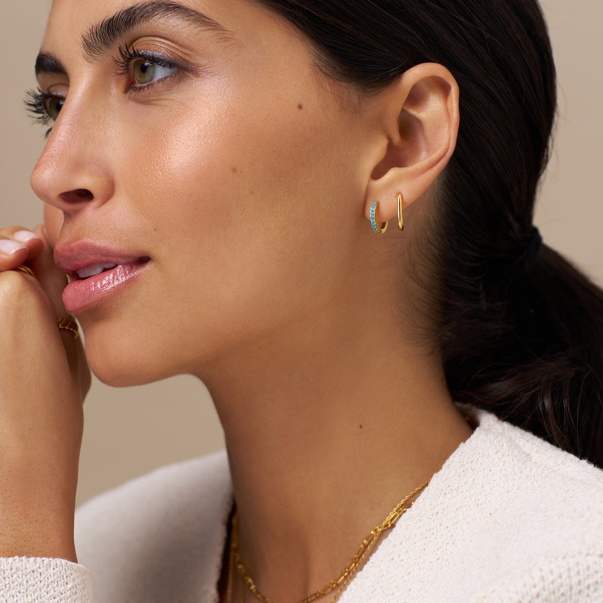 Mini Turquoise Pavé Huggie Hoop Earrings - Gold