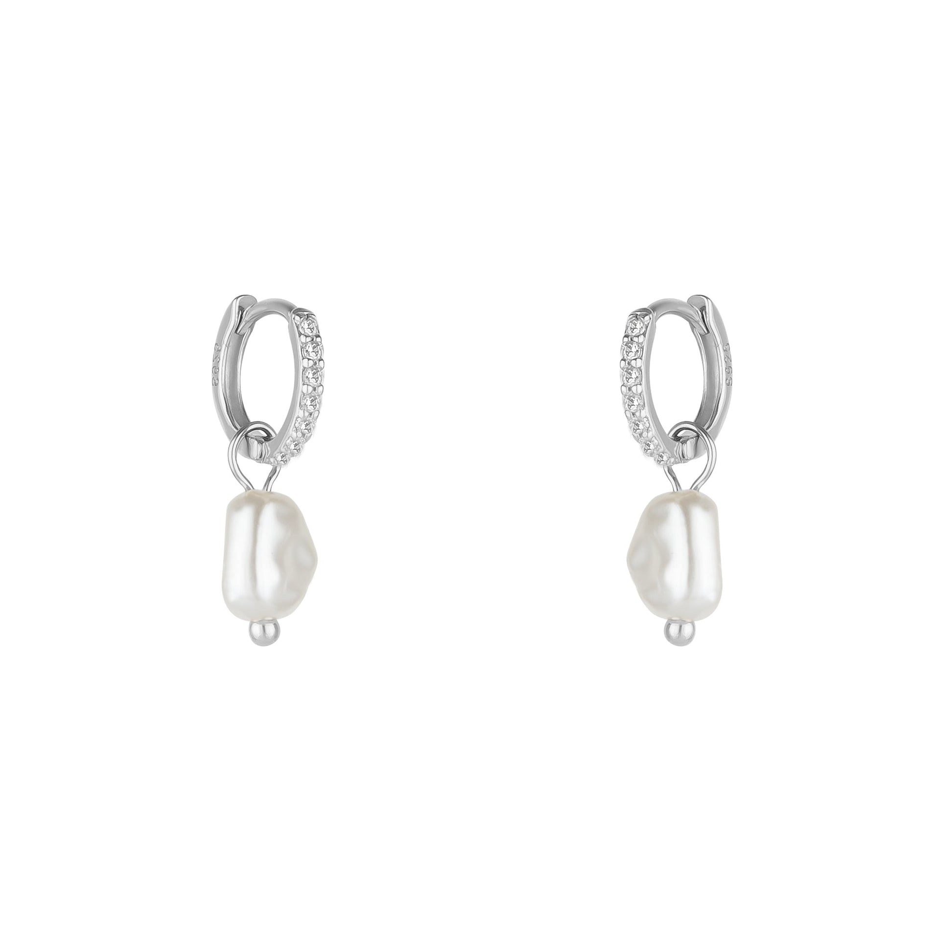 Sterling Silver Huggie Pearl Drop Earrings - Silver