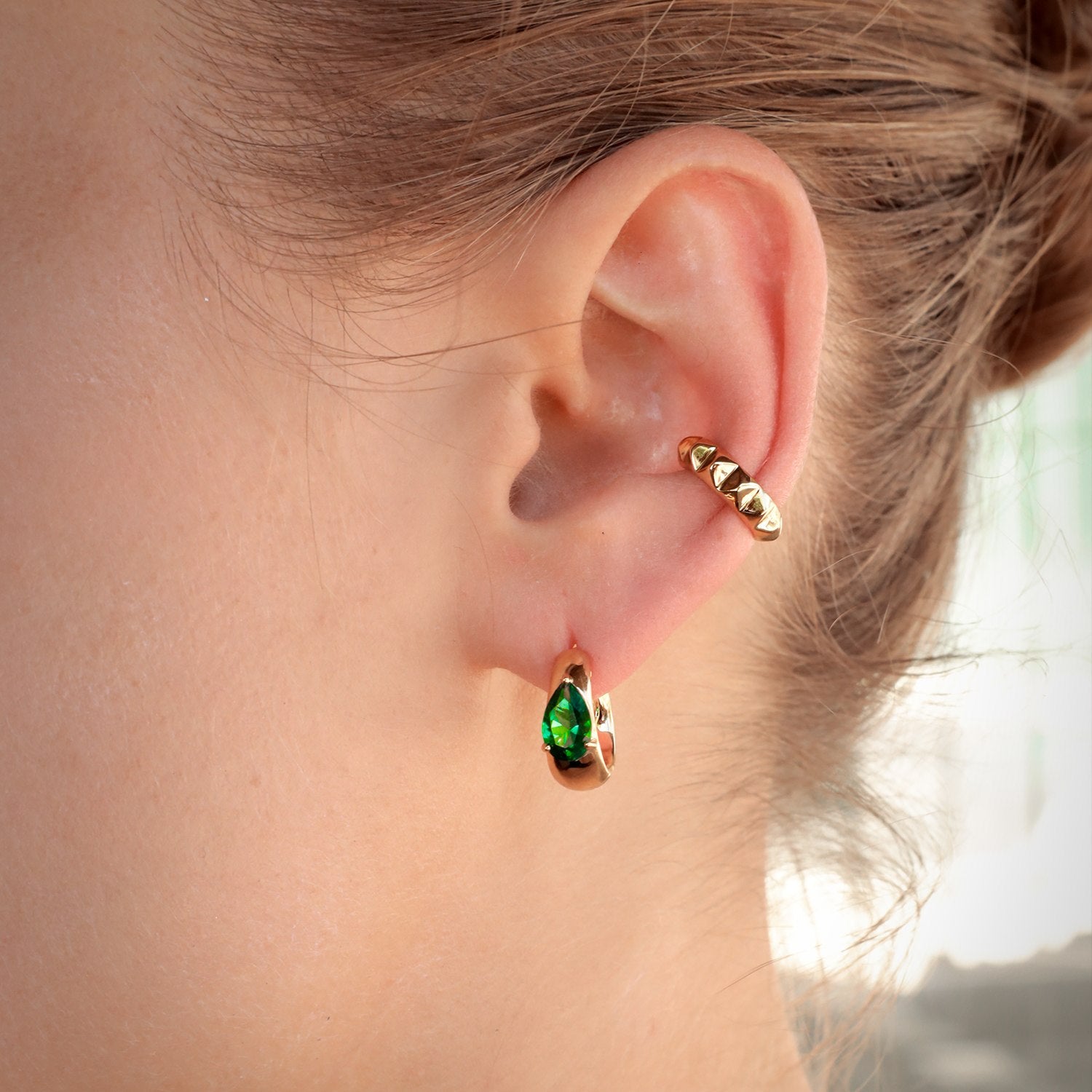 Pure Alchemy Petite Hoops With Man Made Emeralds In 18K Gold Vermeil