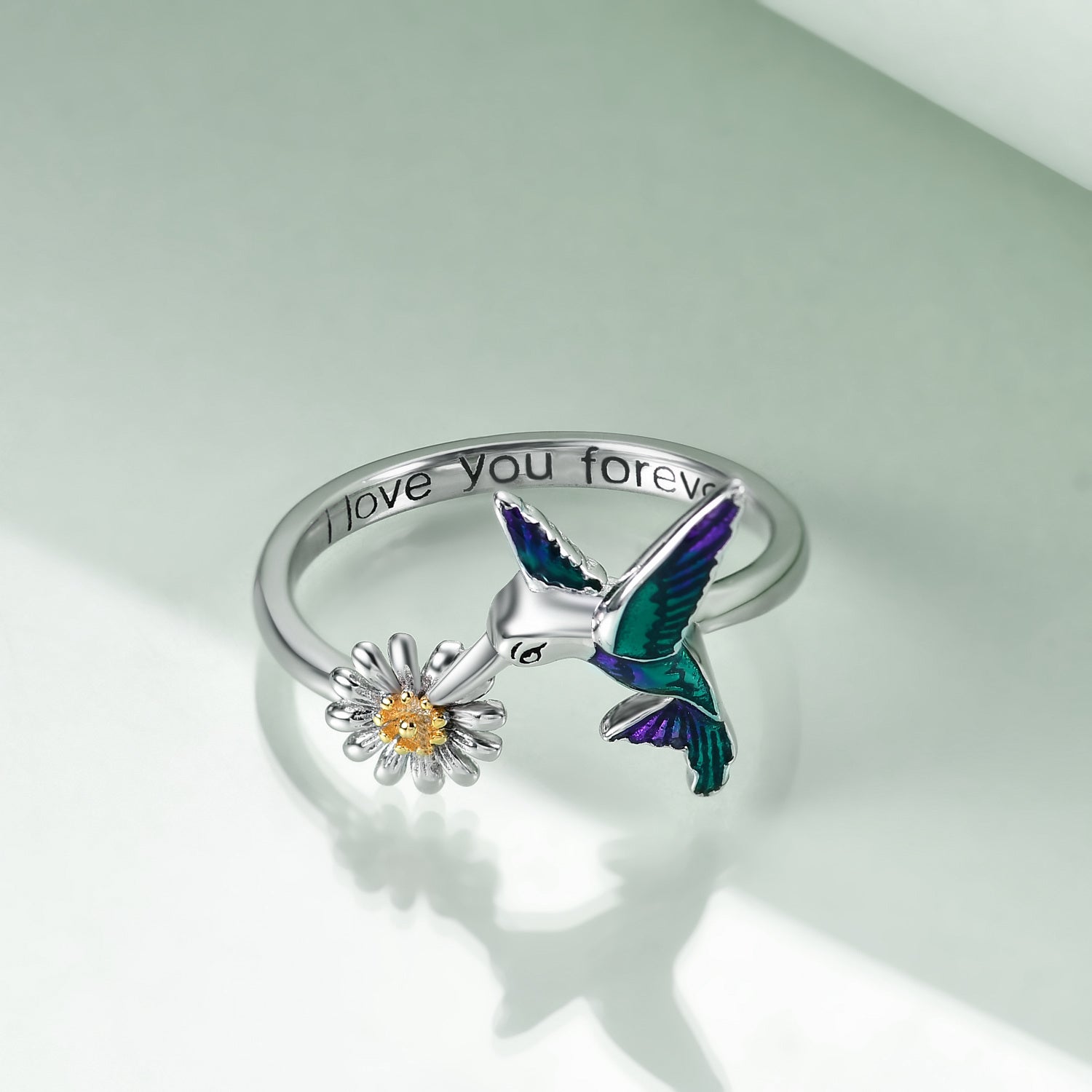 Sterling Silver Two-tone Hummingbird & Daisy Ring with Engraved Word