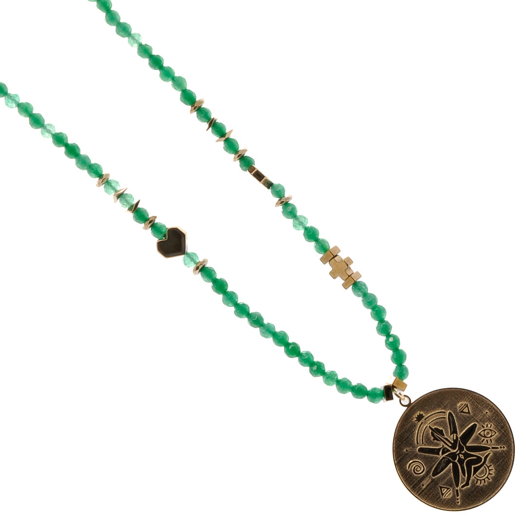 Green Jade Stone Spiritual Soul Gold Medallion Pendant Necklace - Green