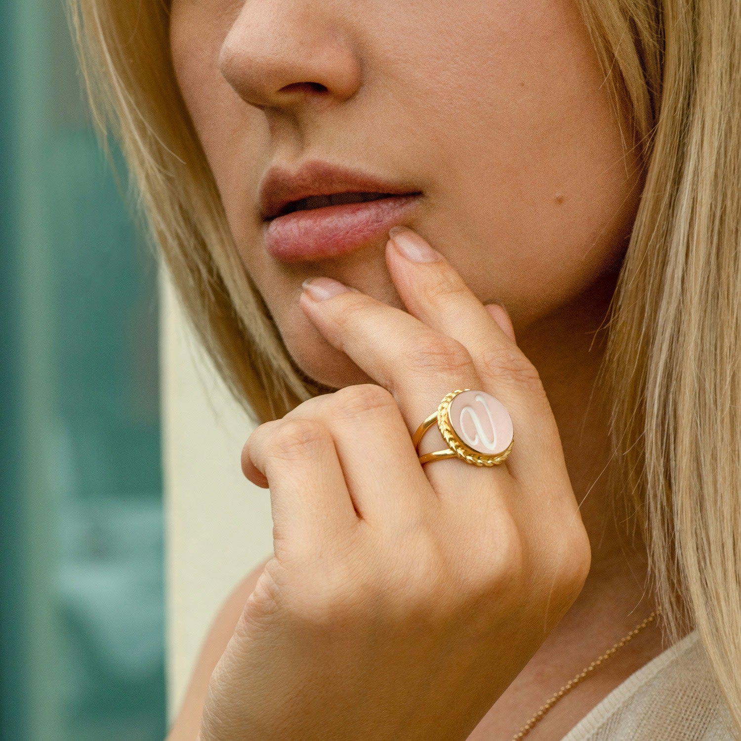 Gold Vermeil Pink Cameo Ring Initial N