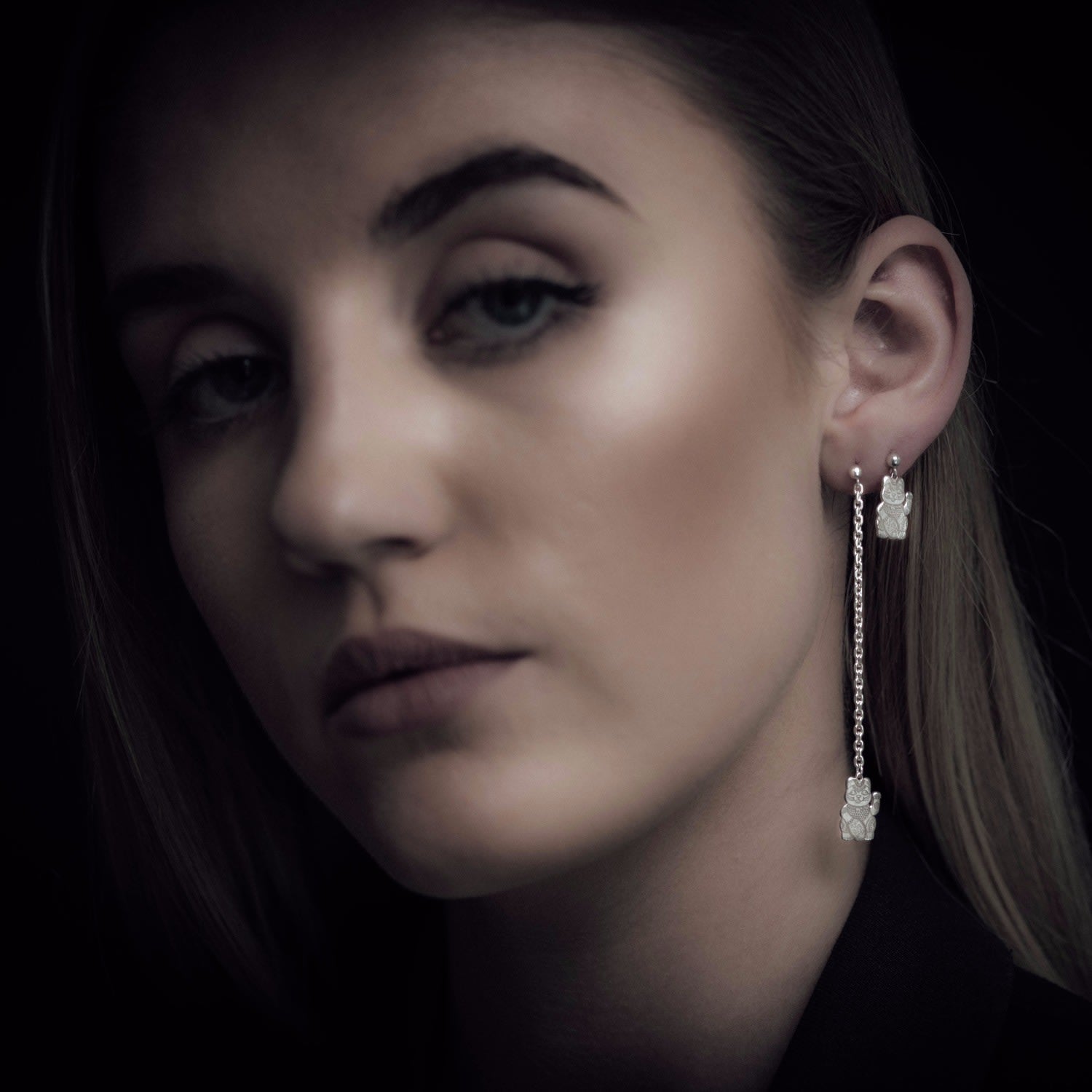 Silver Lucky Cat Single Long Drop Earring