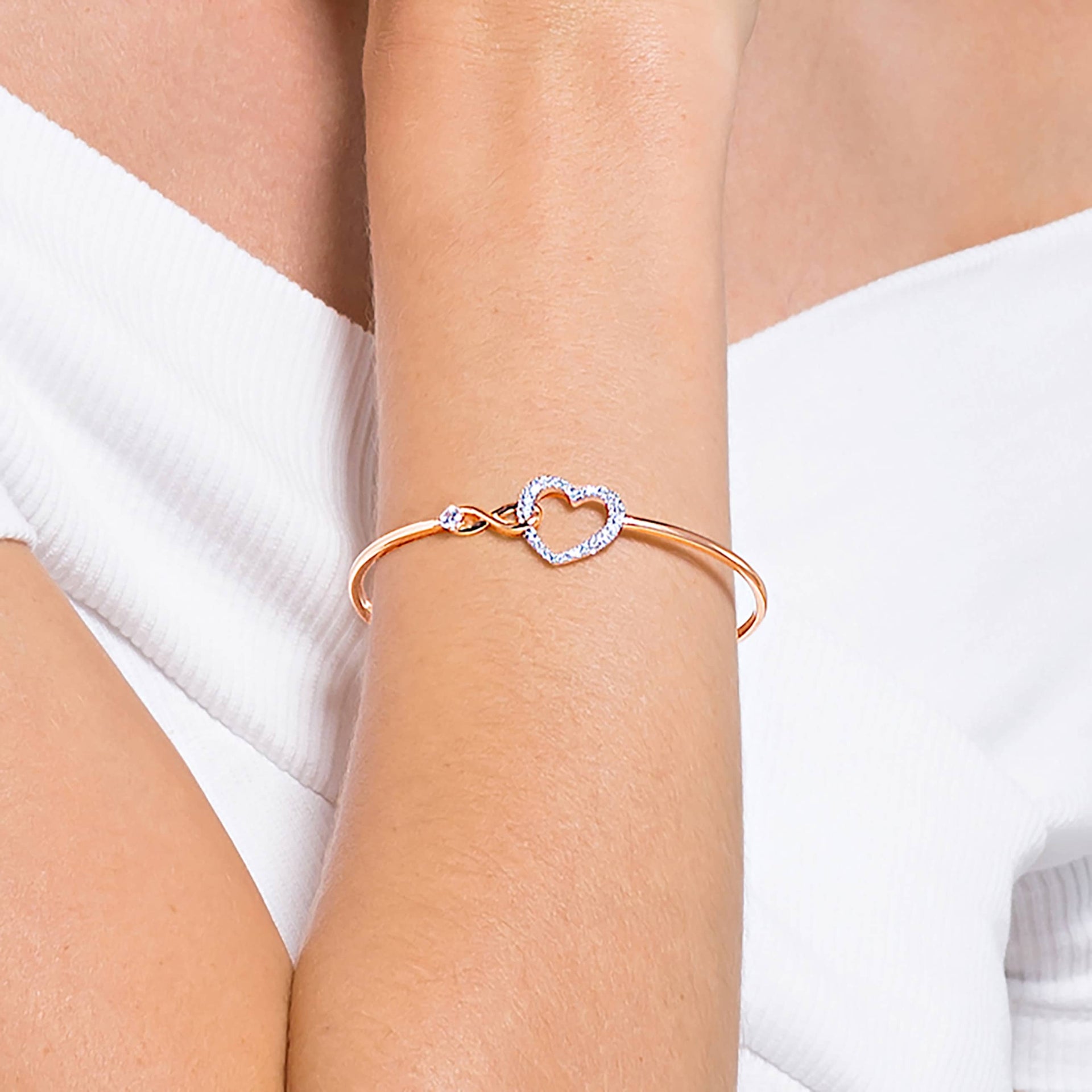 HYPERBOLA BANGLE INFINITY AND HEART WHITE MIXED METAL FINISH