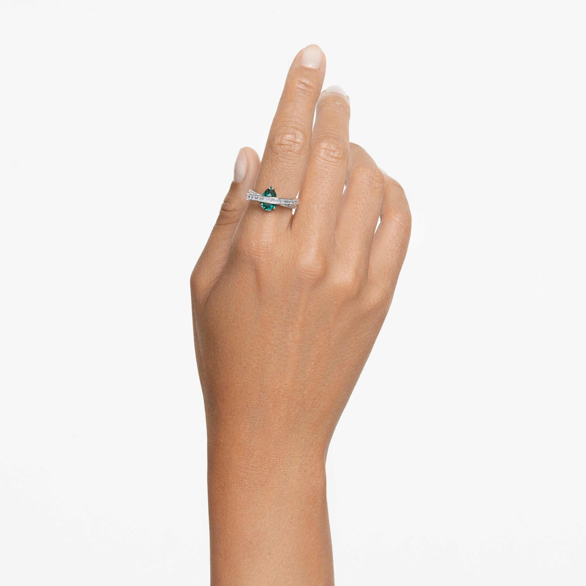 HYPERBOLA COCKTAIL RING MIXED CUTS DOUBLE BANDS GREEN RHODIUM PLATED