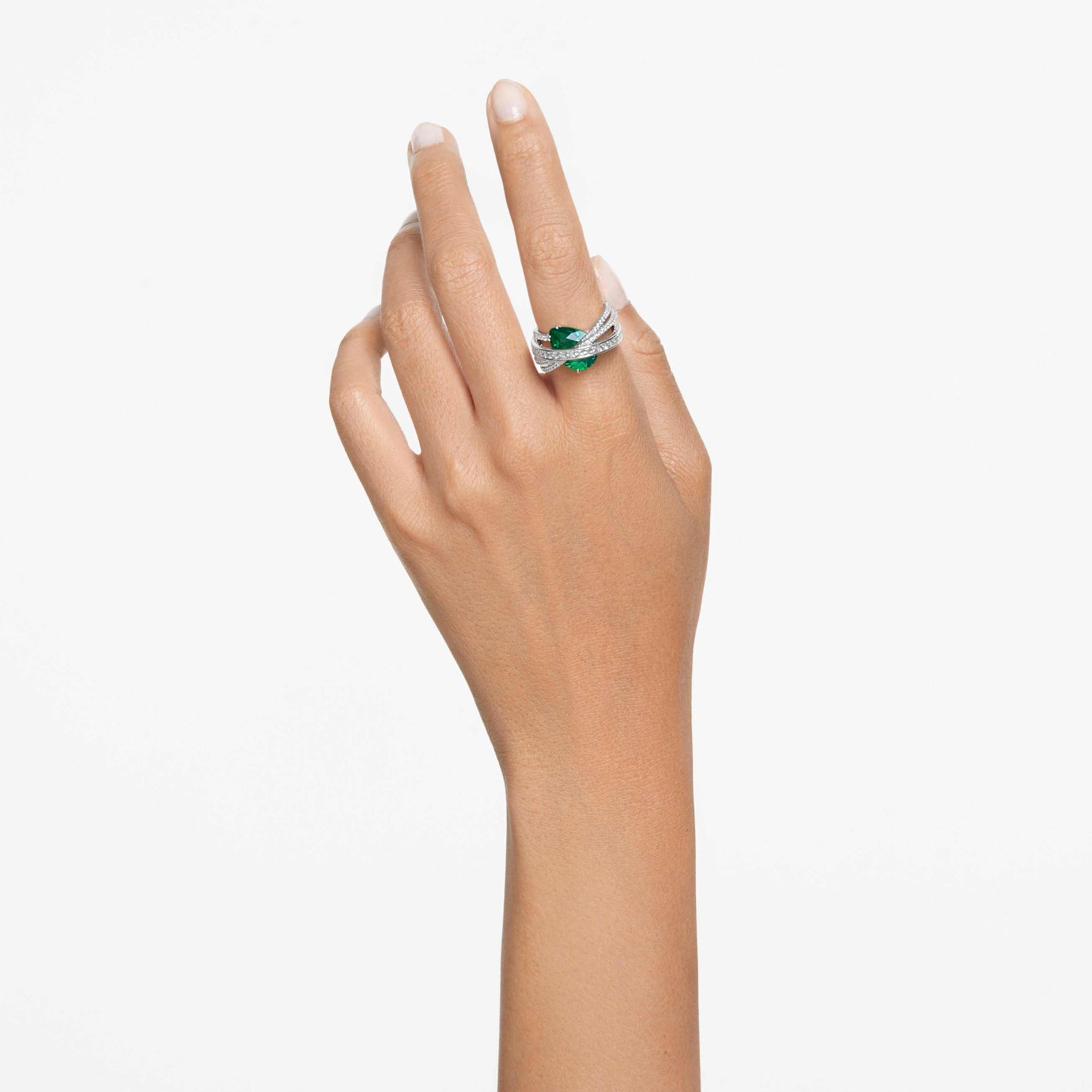 HYPERBOLA COCKTAIL RING MIXED CUTS FOUR BANDS GREEN RHODIUM PLATED