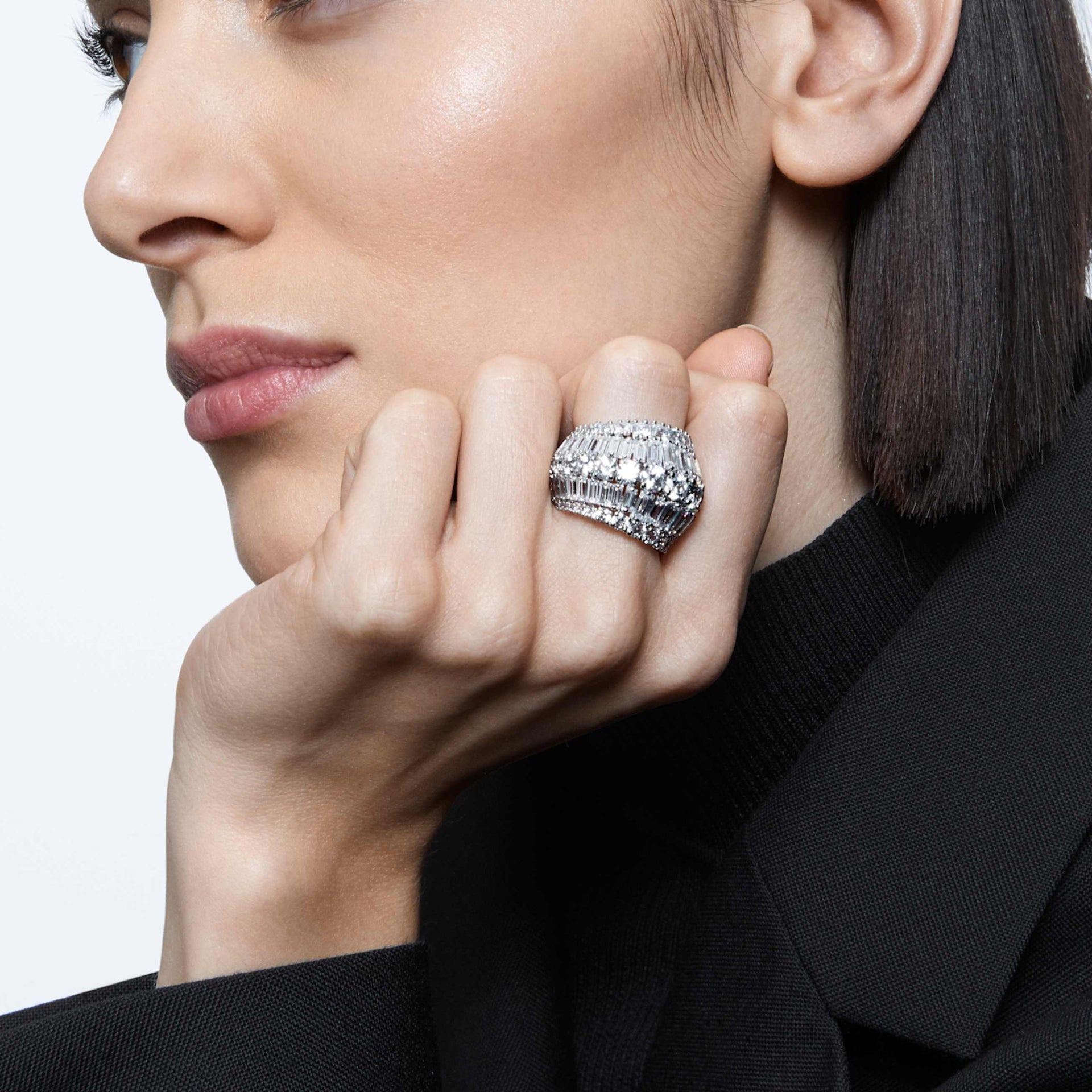 HYPERBOLA COCKTAIL RING MIXED CUTS WHITE RHODIUM PLATED