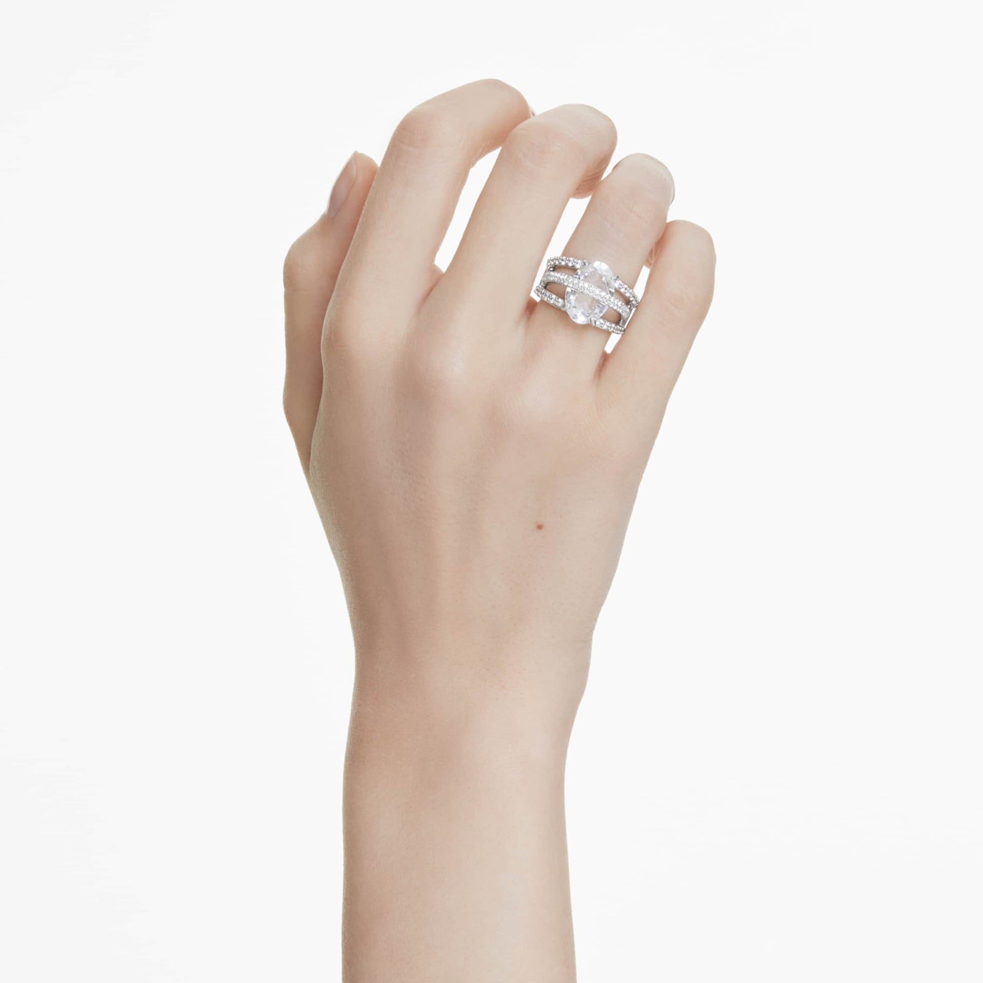 HYPERBOLA COCKTAIL RING MIXED CUTS WHITE RHODIUM PLATED