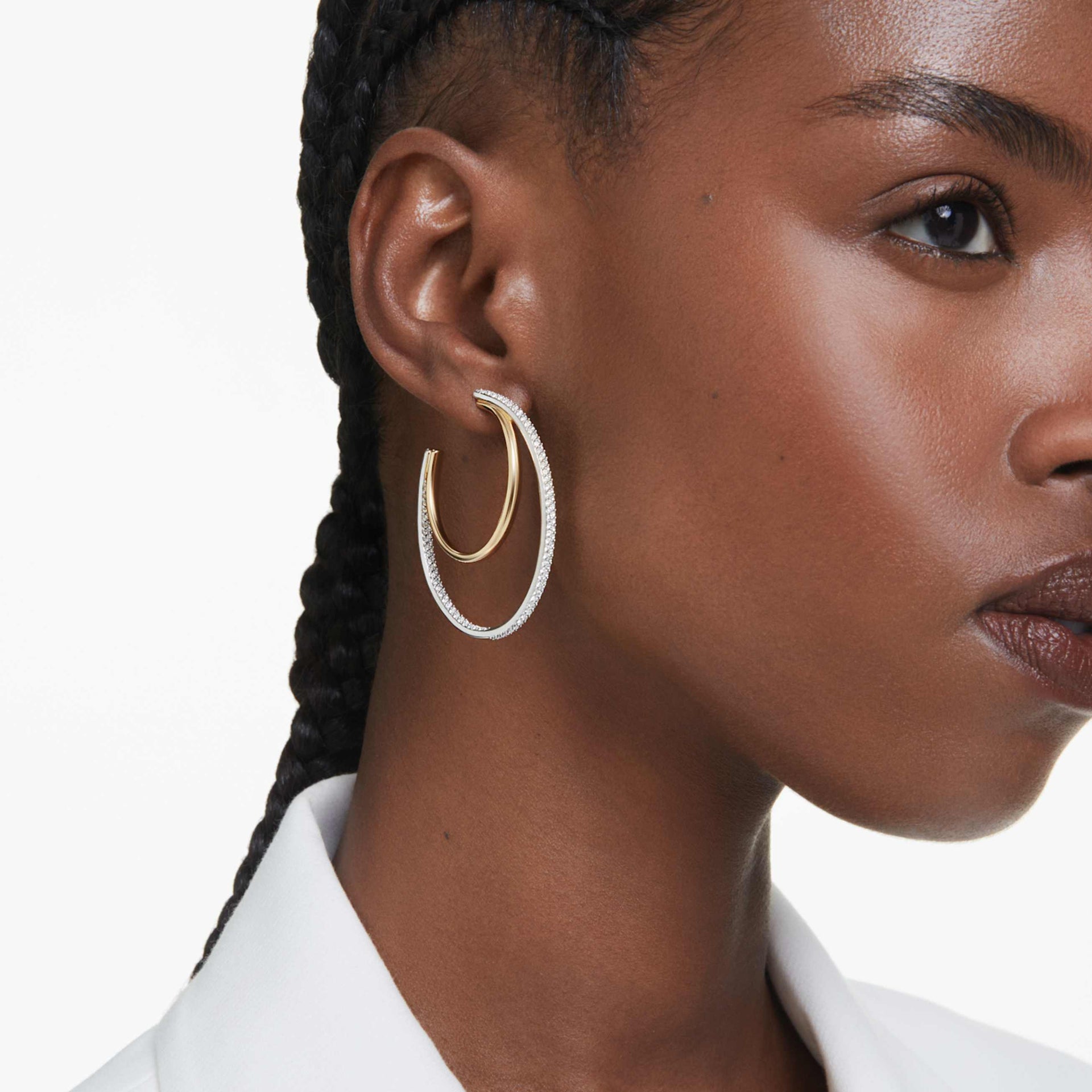 HYPERBOLA HOOP EARRINGS ROUND CUT MEDIUM WHITE MIXED METAL FINISH