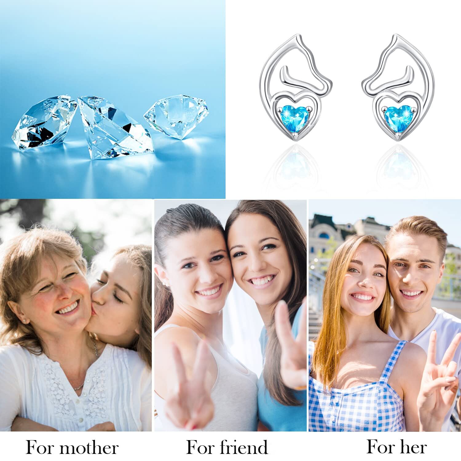 Sterling Silver Cubic Zirconia Horse & Heart Stud Earrings