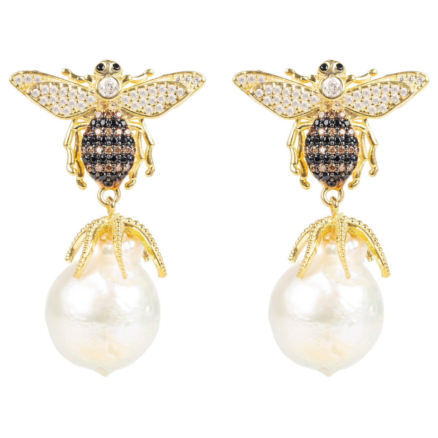 Baroque Pearl Honey Bee Drop Earrings Gold