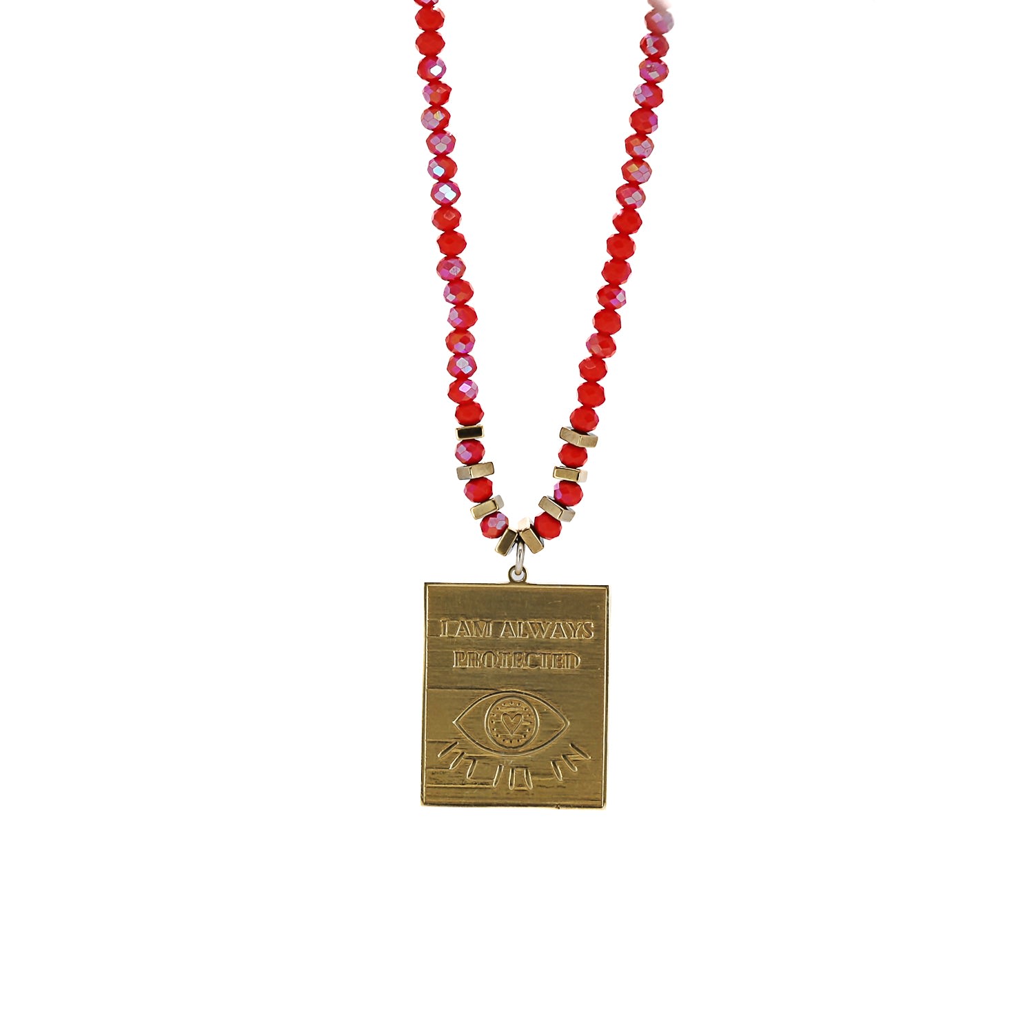 I Am Always Protected Gold Pendant Red Beaded Necklace - Red