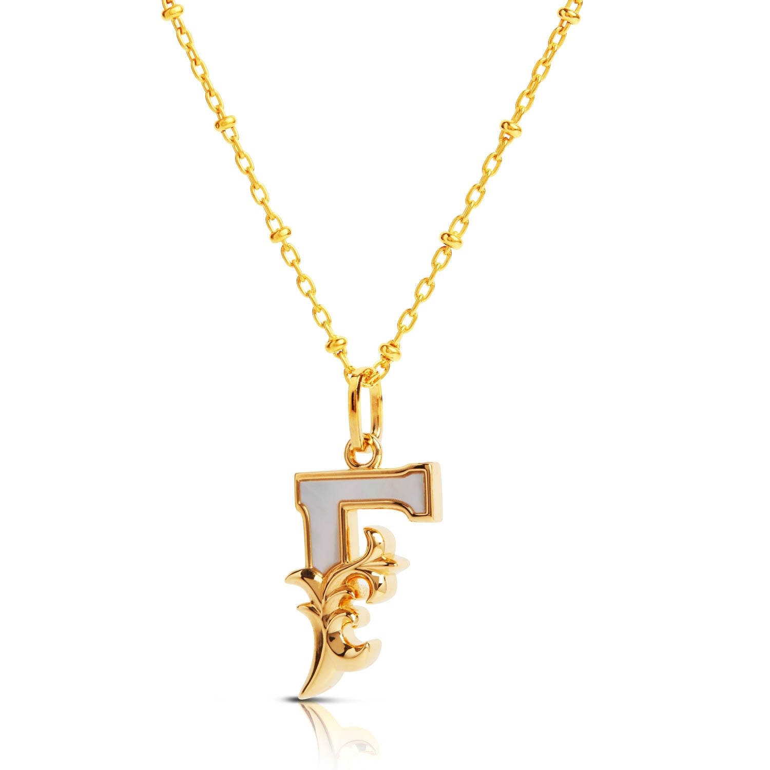 Gold Plated F Initial Necklace With Mother Of Pearl