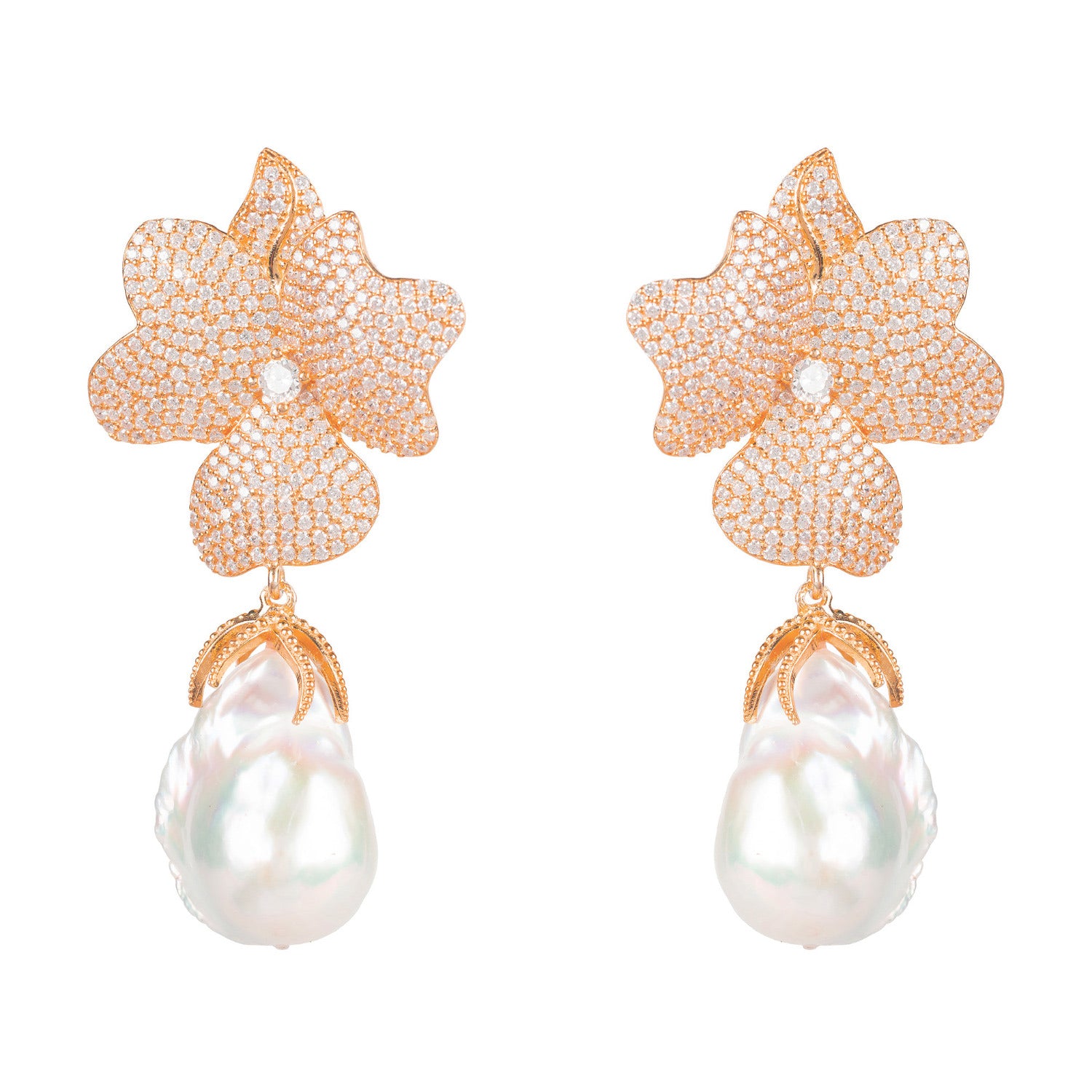 Baroque Pearl White Flower Drop Earrings Rosegold