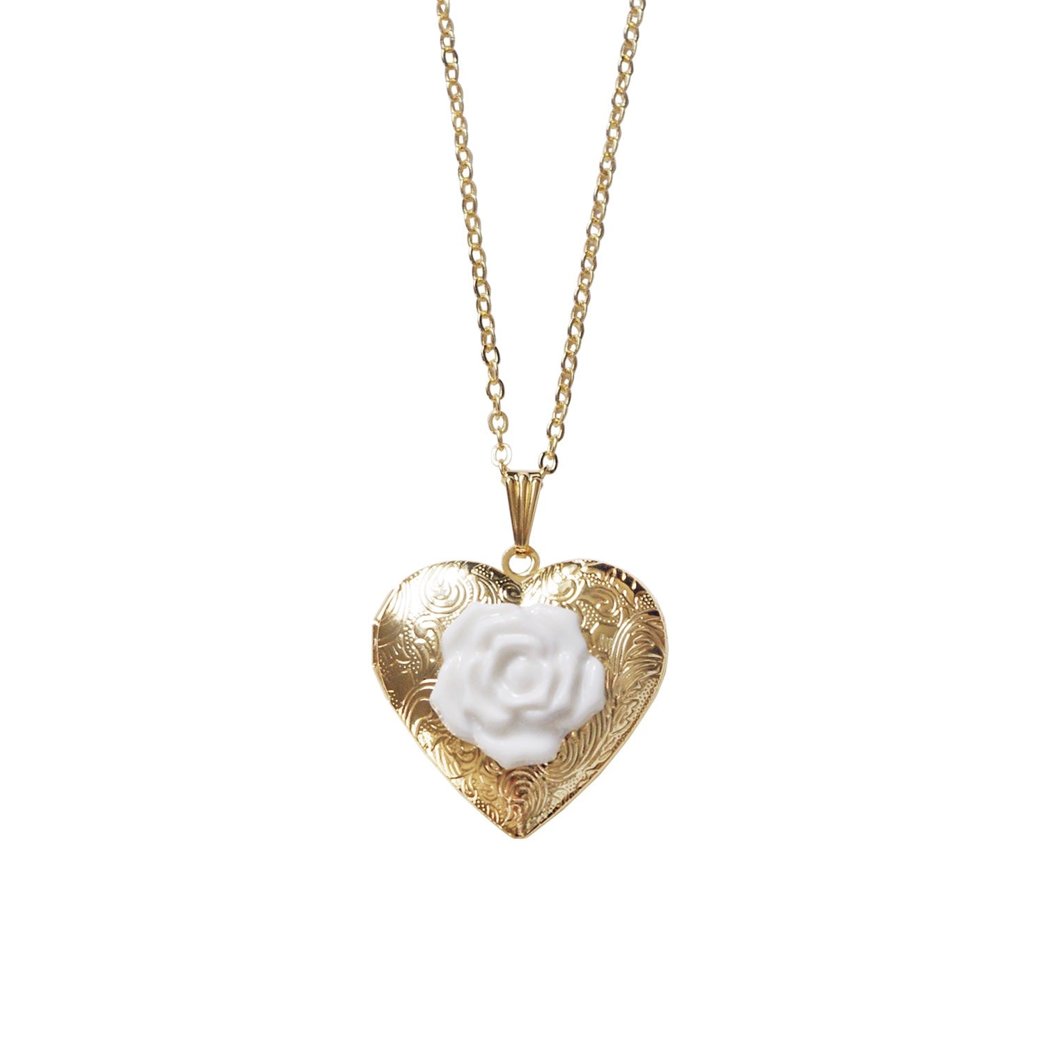 Classic Heart Locket With Porcelain Rose Pendant Necklace