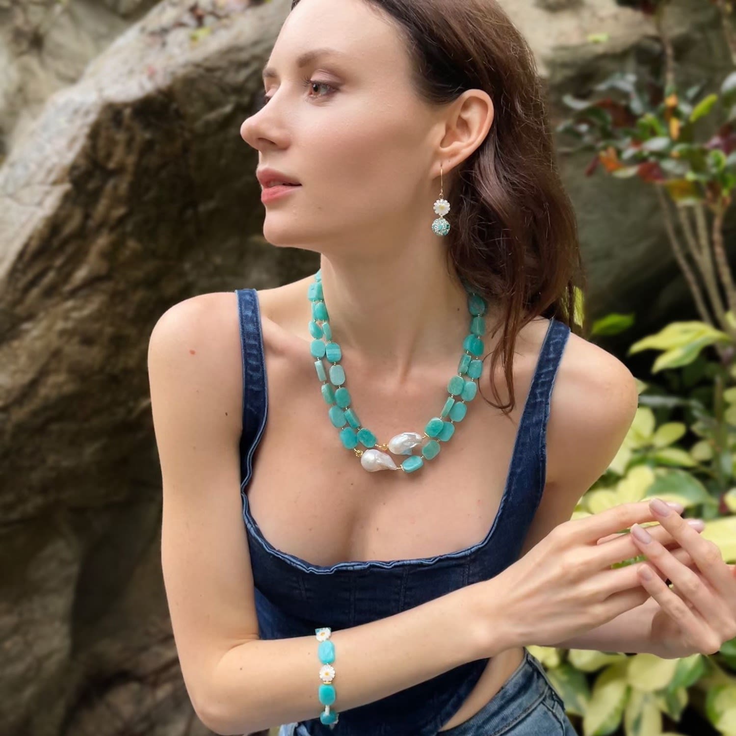 Amazonite With Baroque Pearls Double Strands Necklace