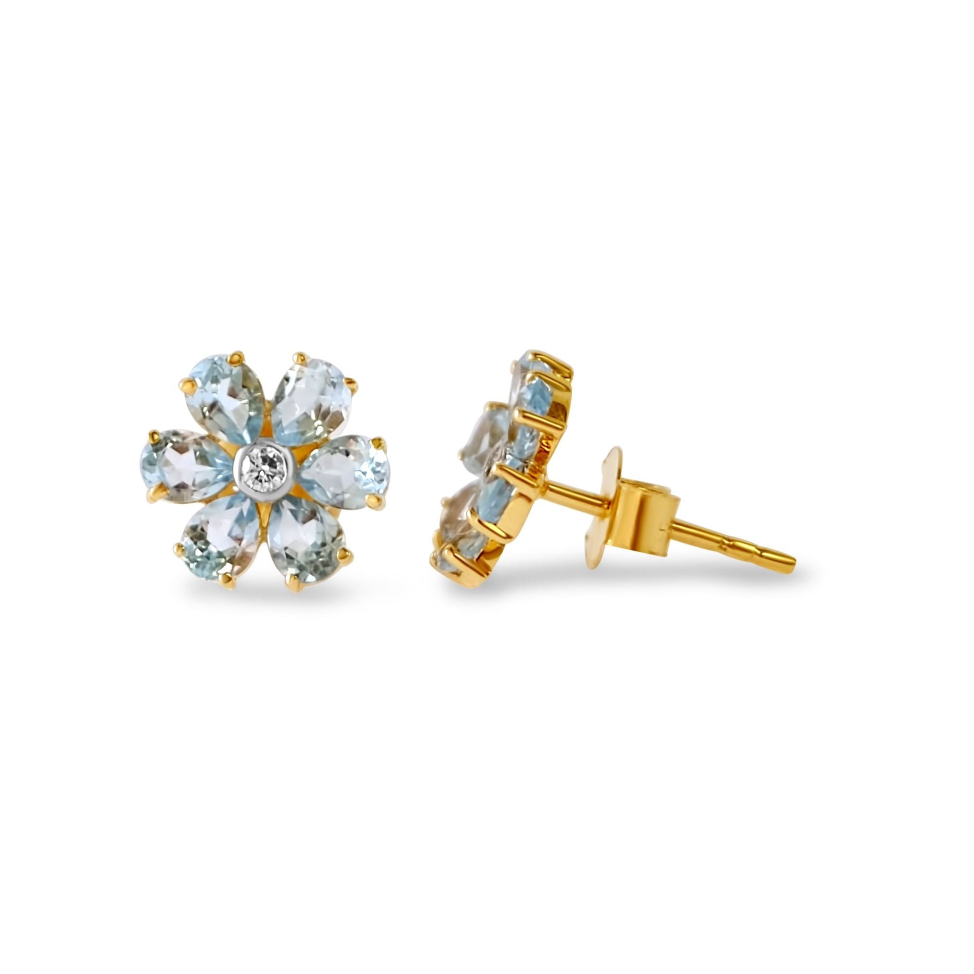 Gold Light Blue Topaz Diamond Flower Earring