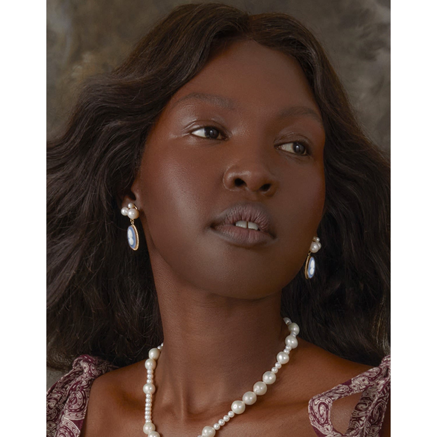 Lilith Gold-Plated Sky Blue Cameo And Pearl Stud Earrings