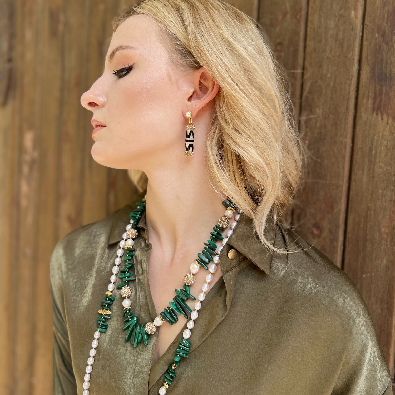Stick Shaped Malachite With Pearl Rhinestone Statement Necklace