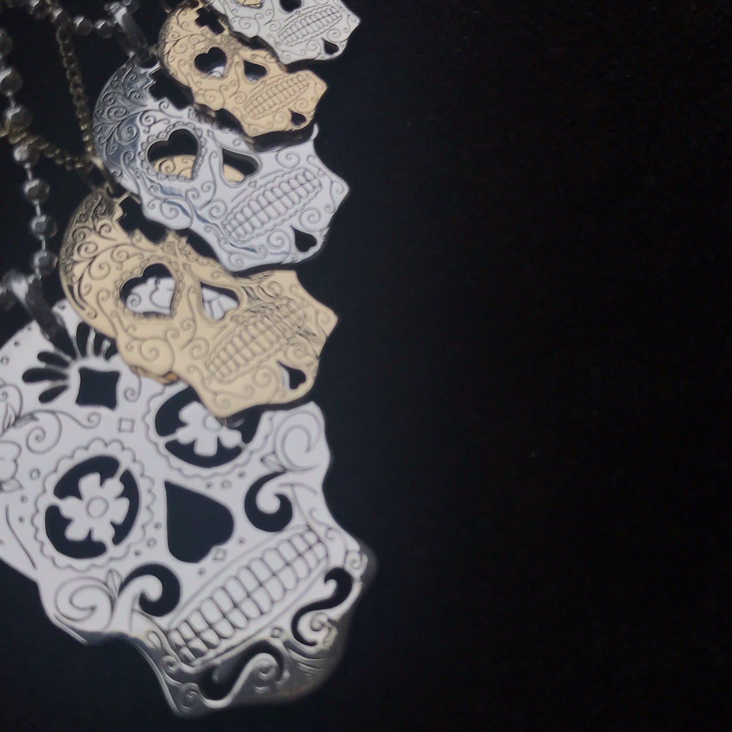 Large Silver Sugar Skull With Flower Eyes Pendant Necklace