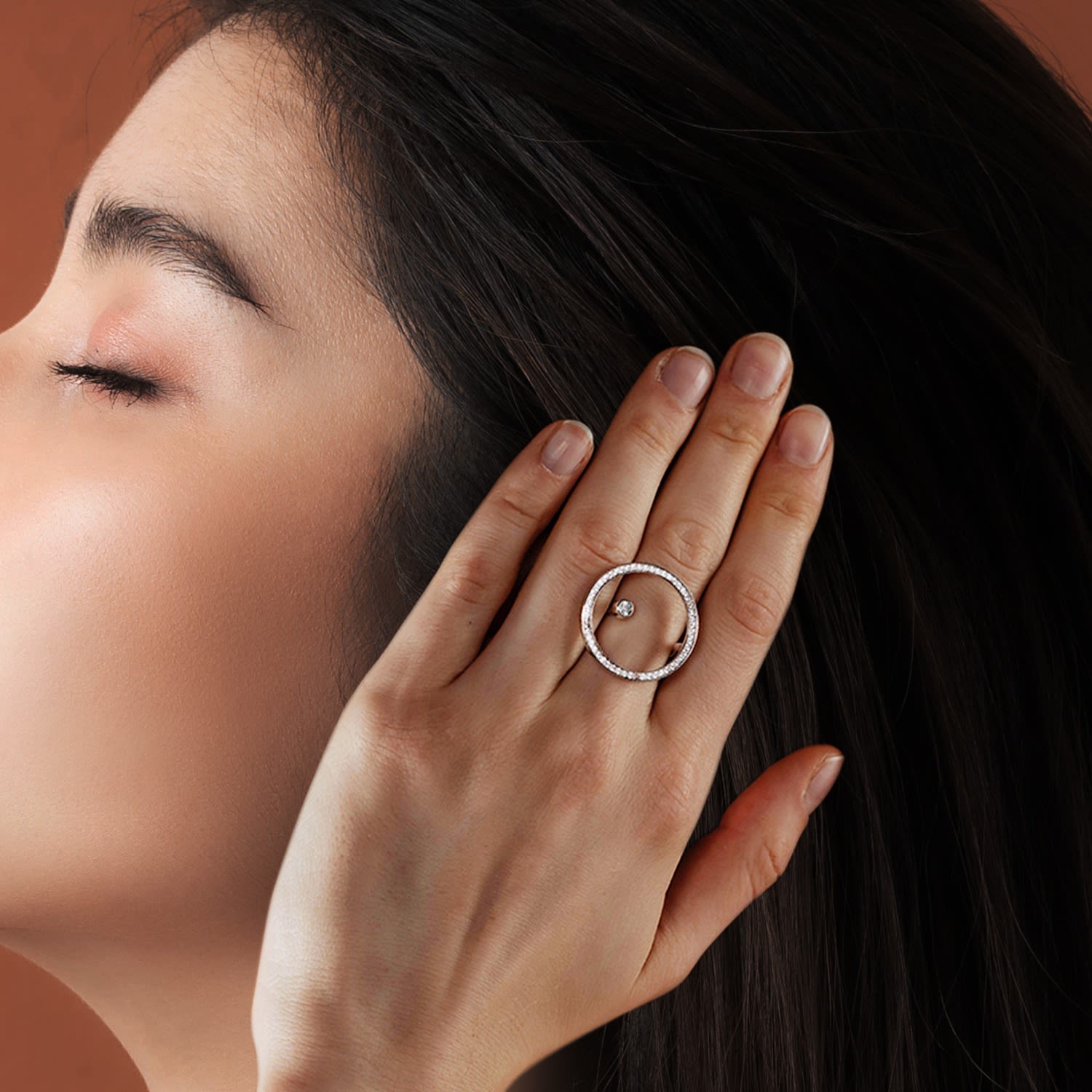 Large Open Circle Ring With Floating Cz Stud - Gold