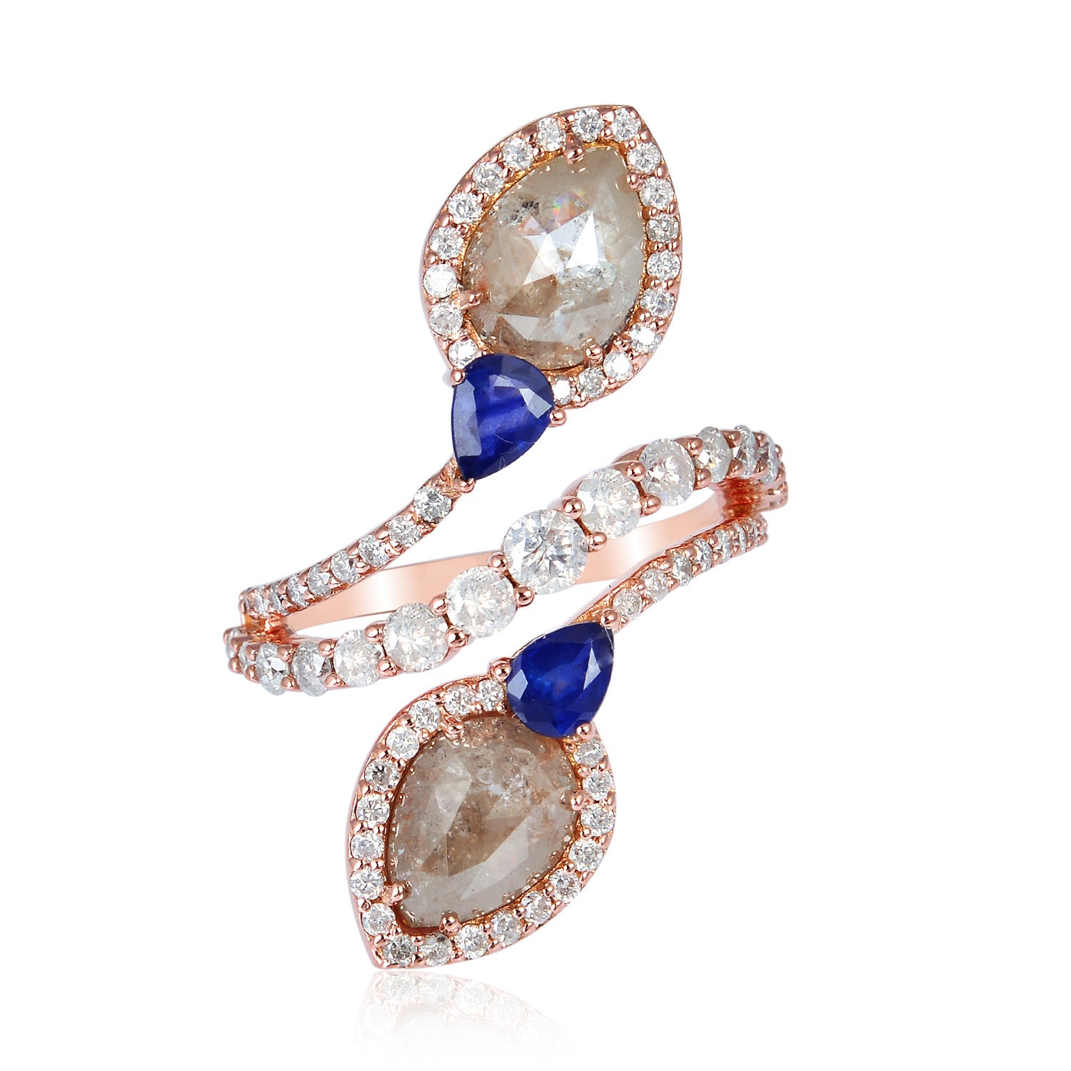 Ice Diamond Blue Sapphire 18k Solid Rose Gold Spiral Ring